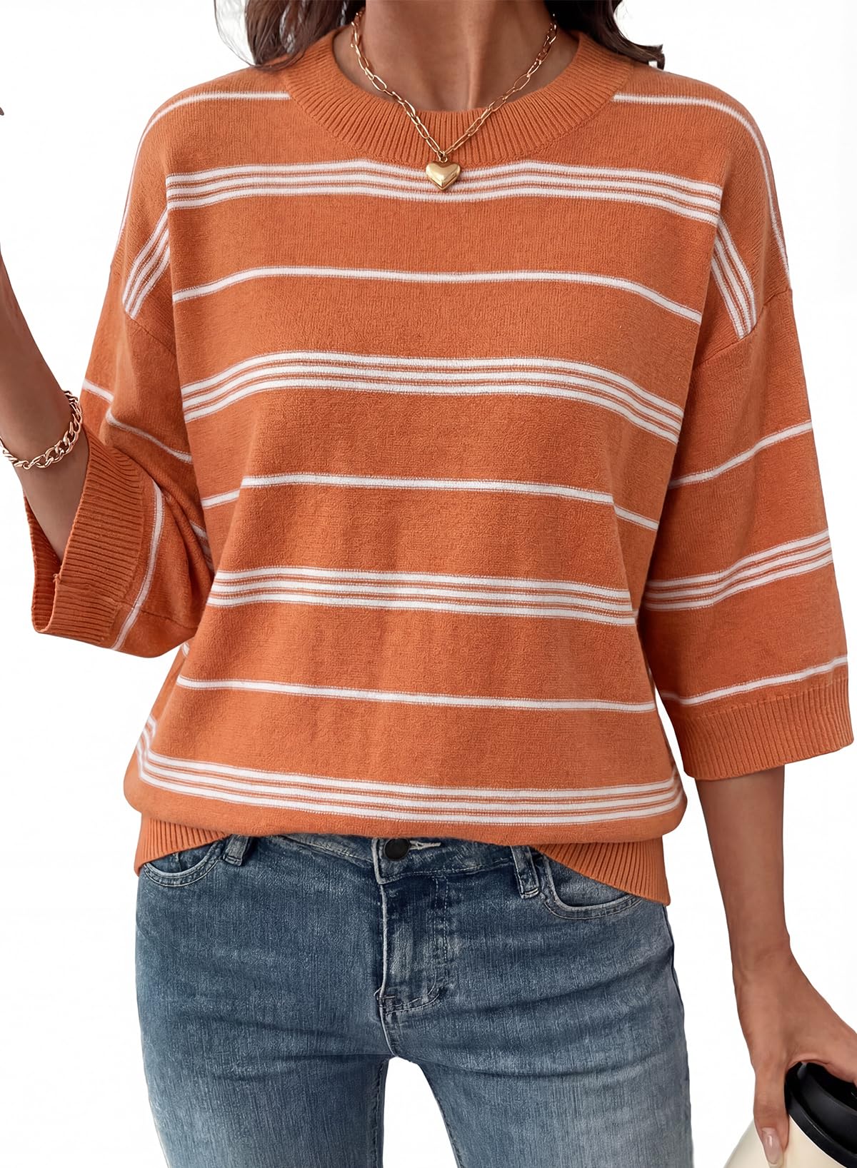 Dokotoo Womens Sweaters Spring Summer Oversized 3 4 Sleeve Striped Crewneck Casual Lightweight Knit Pullover Sweater Tops