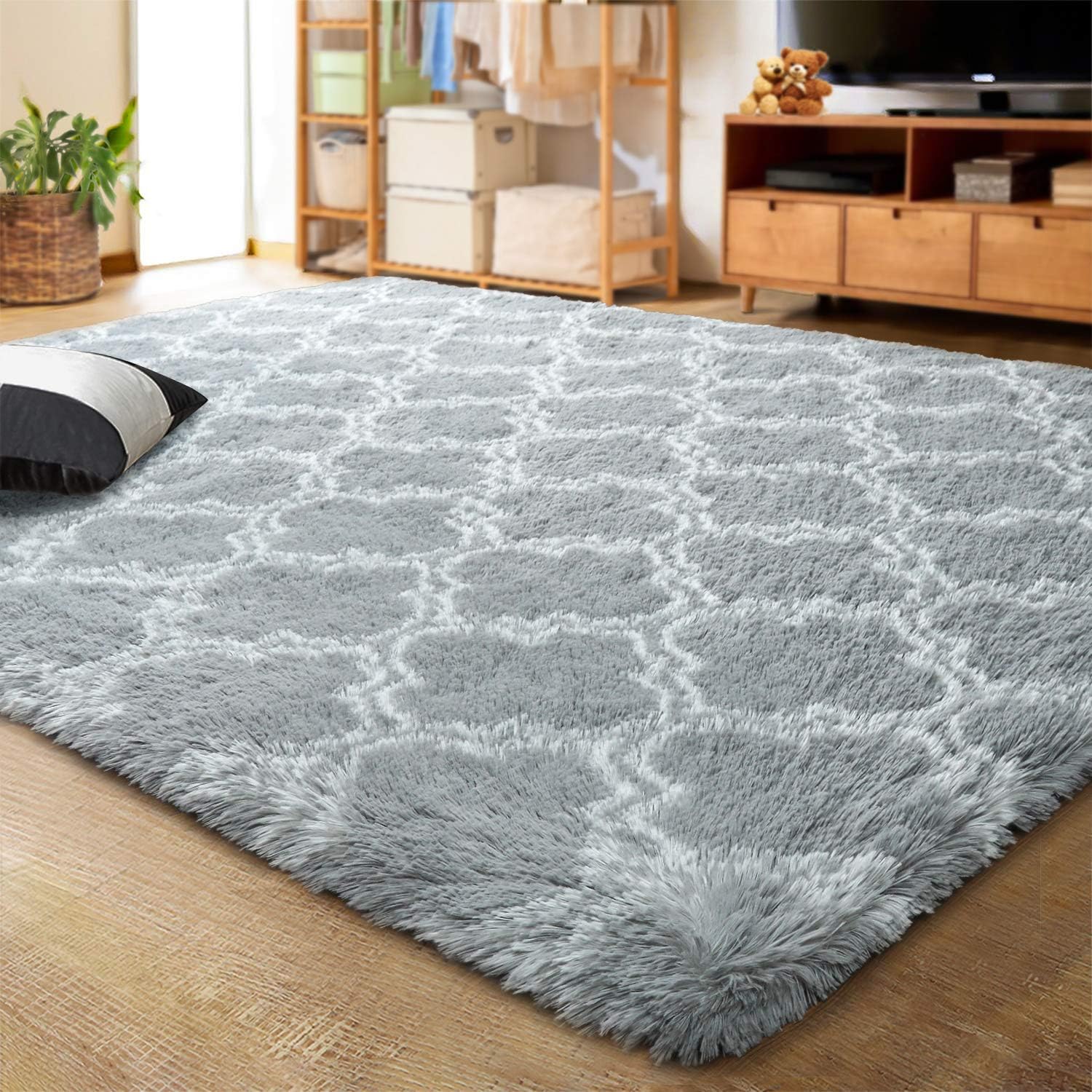 LOCHAS Luxury Shag Area Rug 5x8 Feet Geometric Plush Fluffy Rugs, Extra Soft Carpet Runner Rugs for Bedroom Living Room Dorm Kids, High Pile Shaggy Floor Rug Decor, Light Grey/White