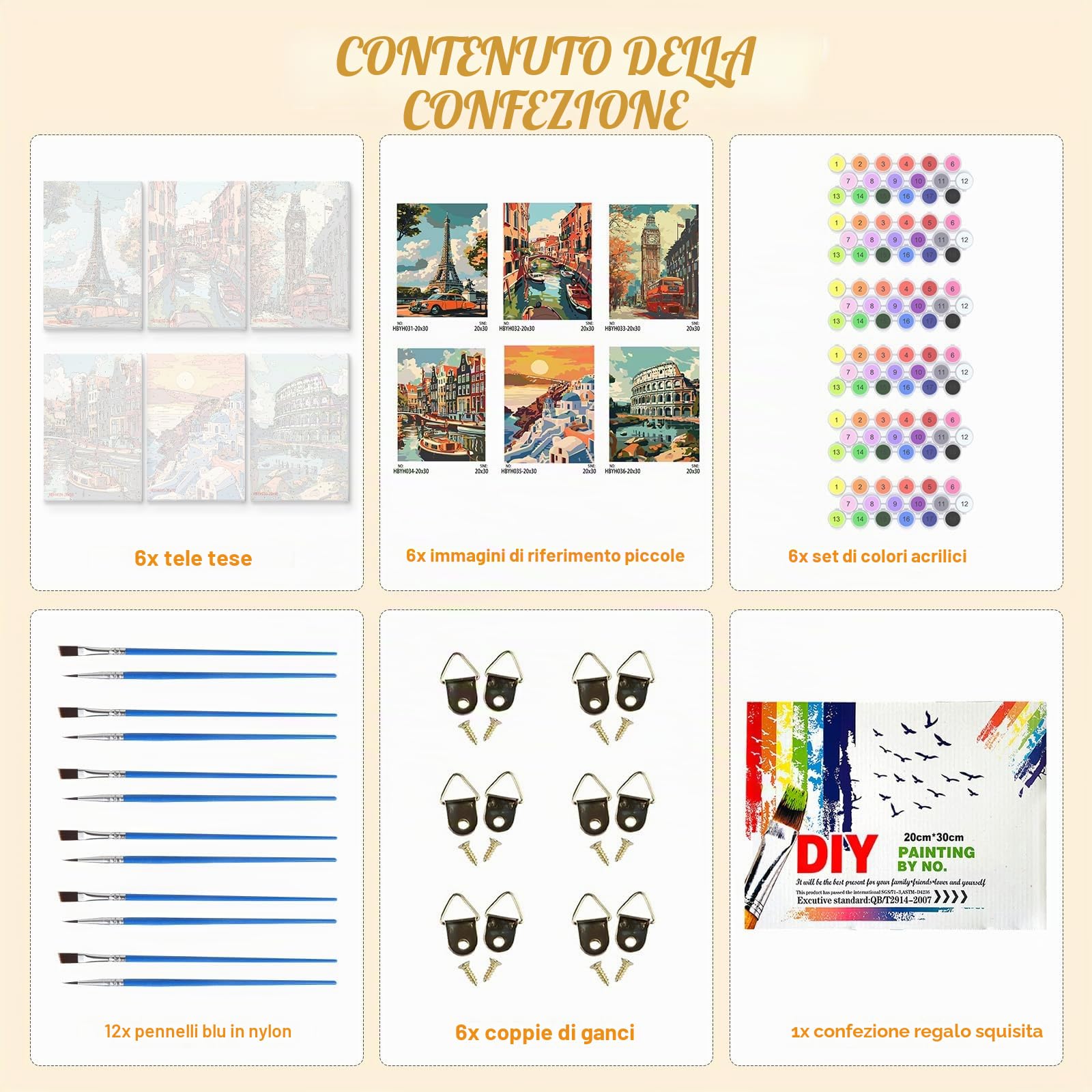QENSPE 6 Pezzi Kit Dipingere con i Numeri, Tele Tese per Dipingere per Adulti, Pittura a Olio Acrilico per Studenti Principianti Accessori per Feste di Disegno, Paesaggio Urbano Vintage (20x30 cm)