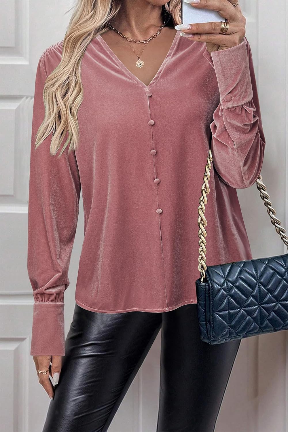 Newshows Women's Velvet Tops Dressy Casual Long Sleeve Smocked Work Blouses Trendy Blusas Elegantes Button Down Shirts - Image 5