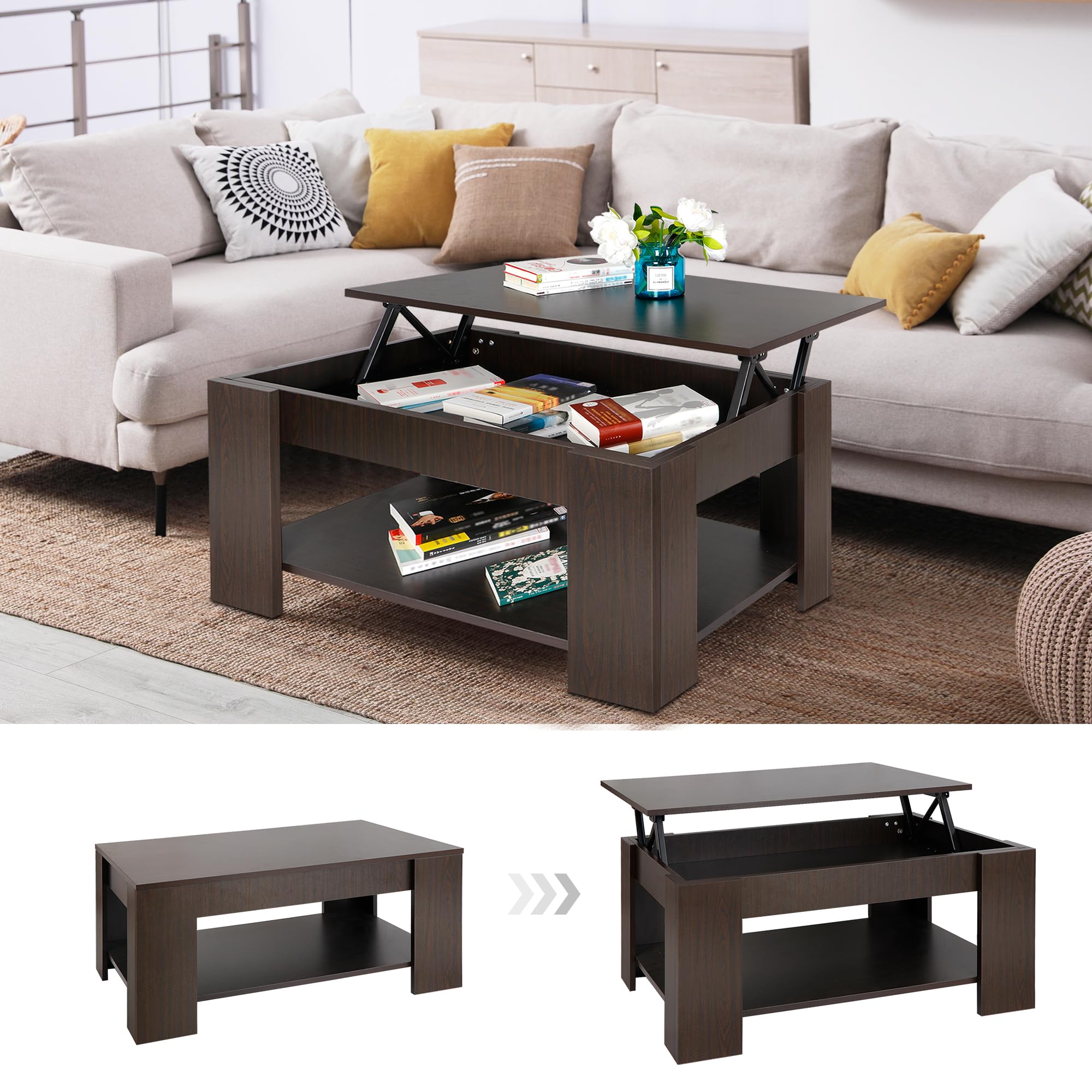 SUPER DEAL Modern Lift Top Coffee Table w/Hidden Compartment and Storage Shelves Pop-Up Storage Cocktail Table for Living Room Reception Room