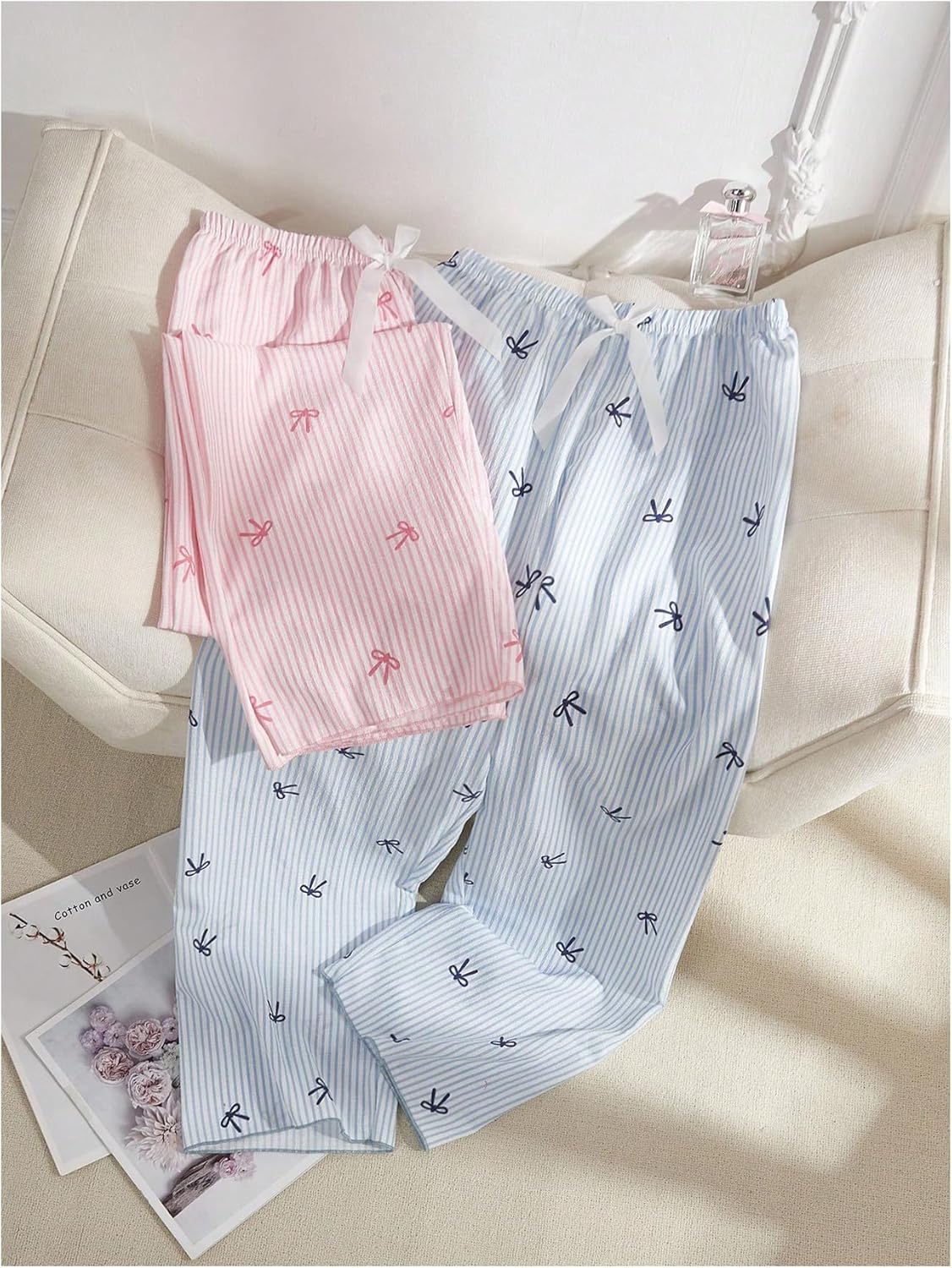 Milumia Women's 2 Pack Pajama Pants Striped Bow Print Elastic Waist Lounge Pj Bottoms - Image 5