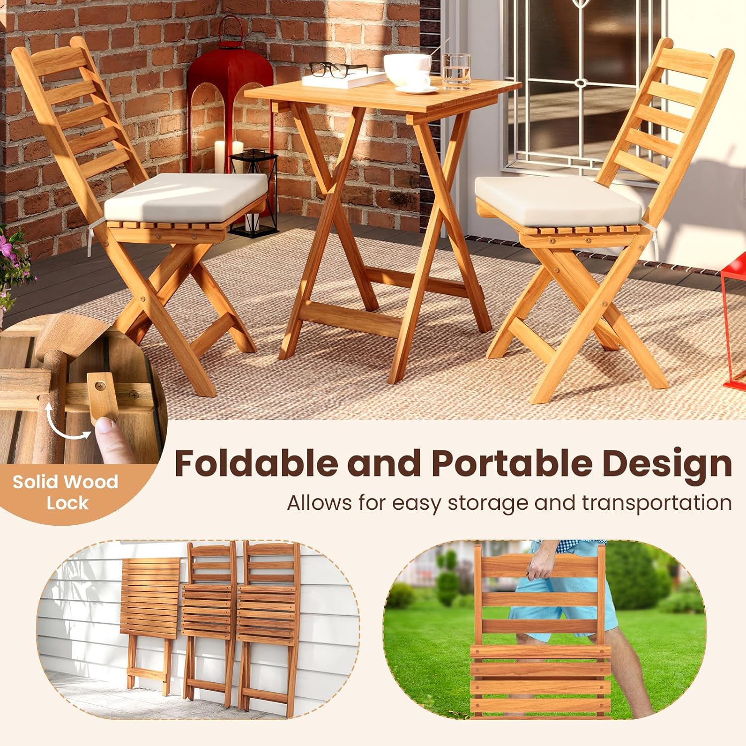 KOTEK Outdoor Folding Bistro Set, 3 Pieces Acacia Wood Bistro Set with Soft Cushions, Patio Bistro Table and Chairs for Backyard, Porch, Poolside (Horizontal Slats)