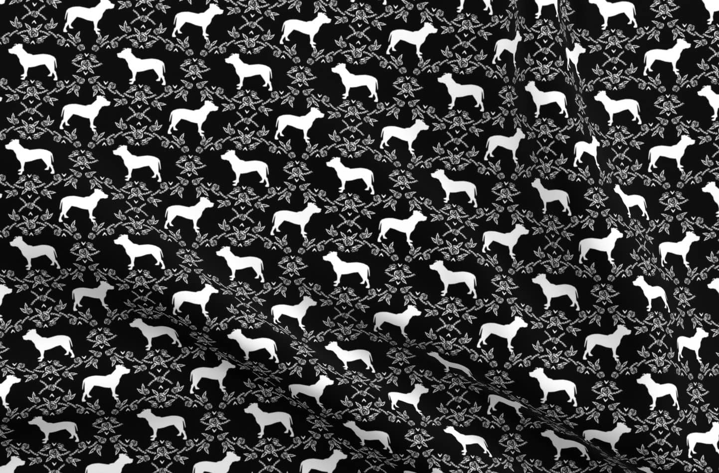 Spoonflower Fabric - Pitbull Floral Silhouette Dog Breed Pattern Black White Pitbulls Dogs Printed on Upholstery Velvet Fabric Fat Quarter - Upholstery Home Decor Bottomweight Apparel
