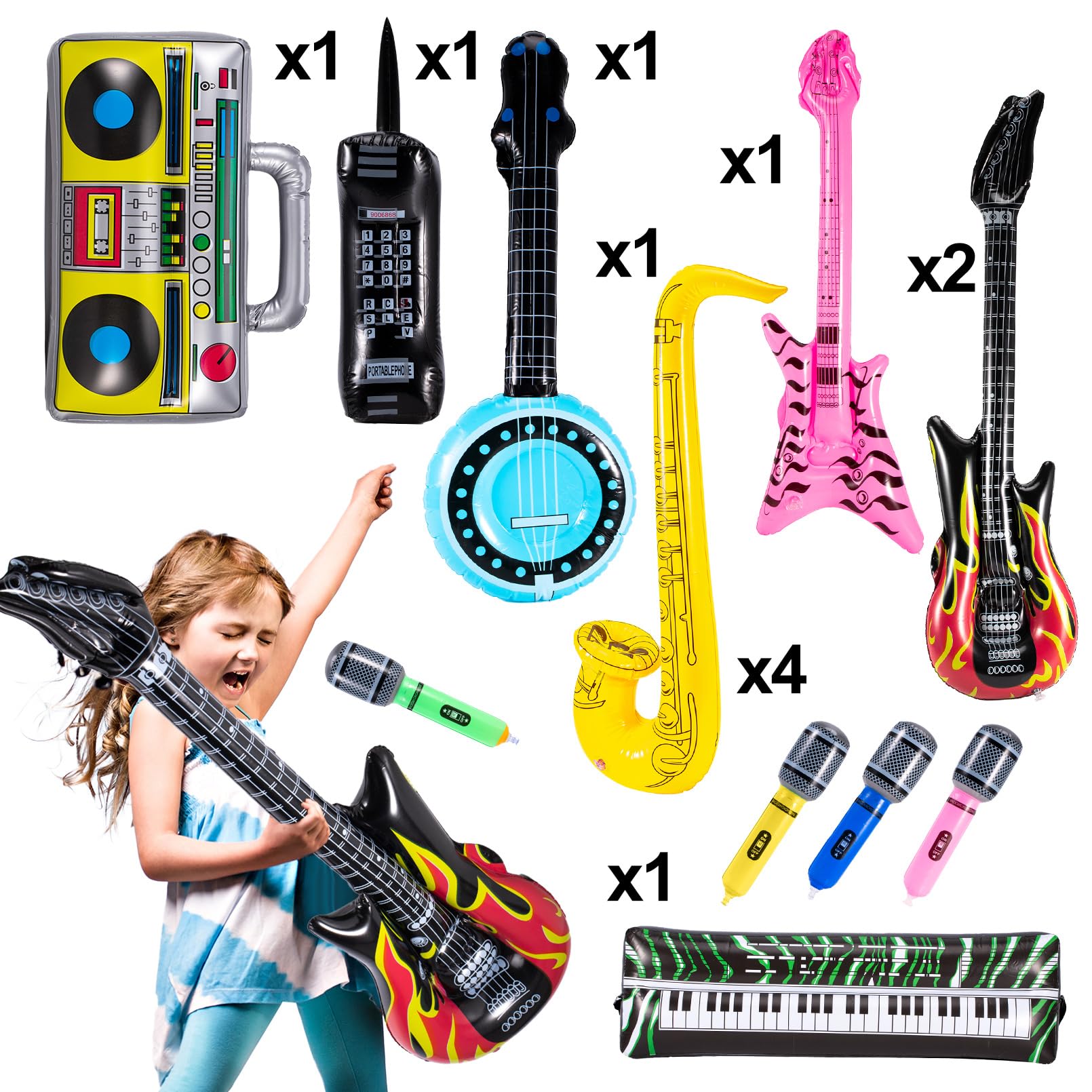 12 instrumentos inflables, juego de juguetes inflables de estrella de rock, guitarra inflable, saxofón inflable, micrófonos inflables, lute bajo, piano de teléfono, decoración de fiesta de los 7