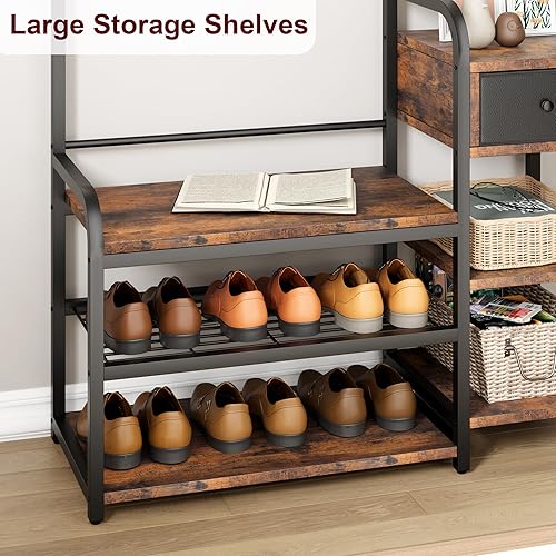 Miniatura 6 de IDEALHOUSE Banco de almacenamiento de árbol de pasillo para entrada, perchero con cajón de almacenamiento, estante de almacenamiento 5 en 1 y 8