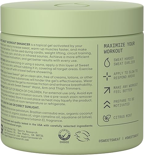 Vista 3 de Sports Research Sweet Sweat 'Workout Enhancer' - Tarro XL de gel – Maximiza tu ejercicio y suda más rápido – 13.5 onzas (Citrus Mint)
