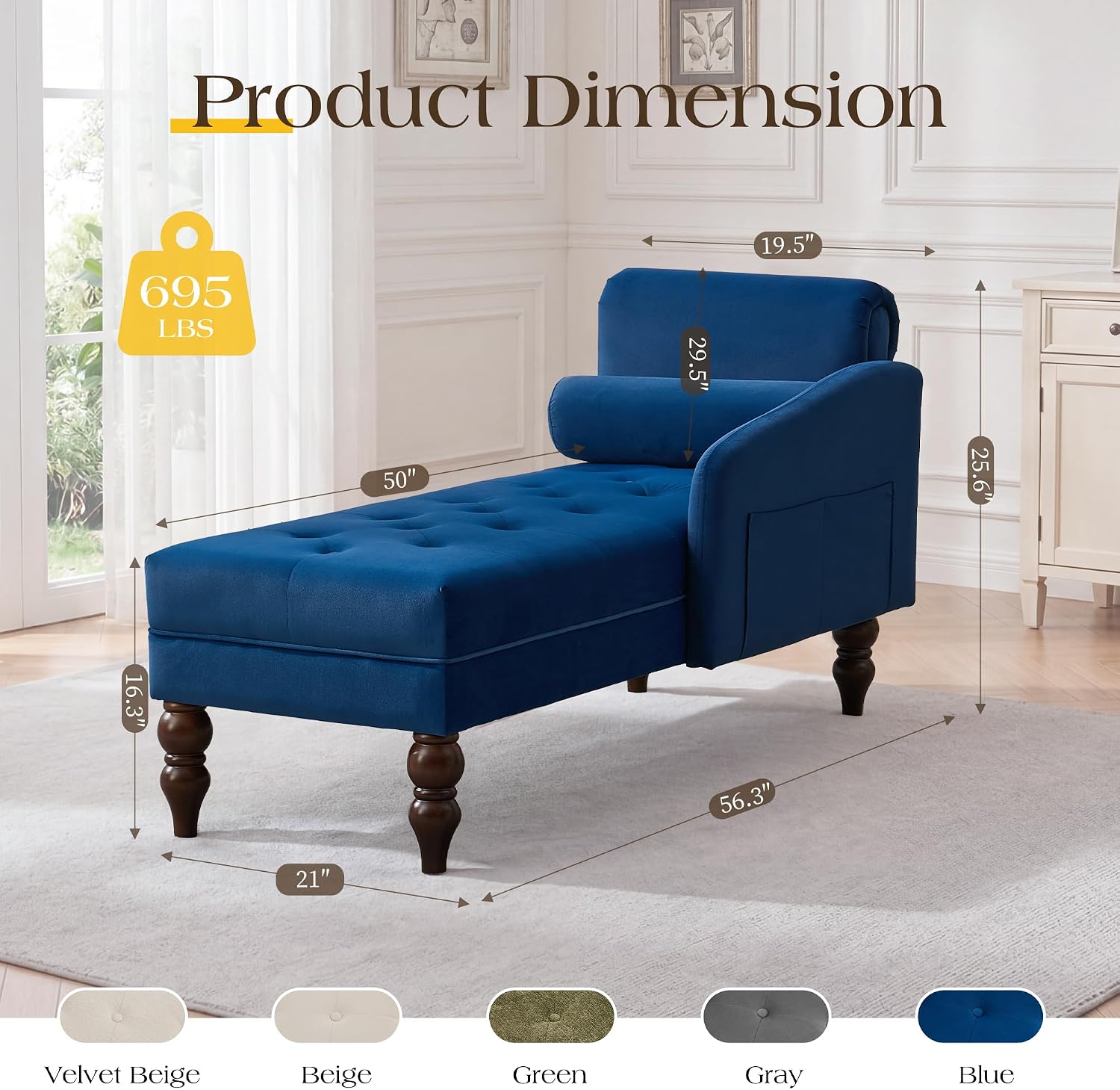 Oprisen Chaise Lounge with detailed product dimensions