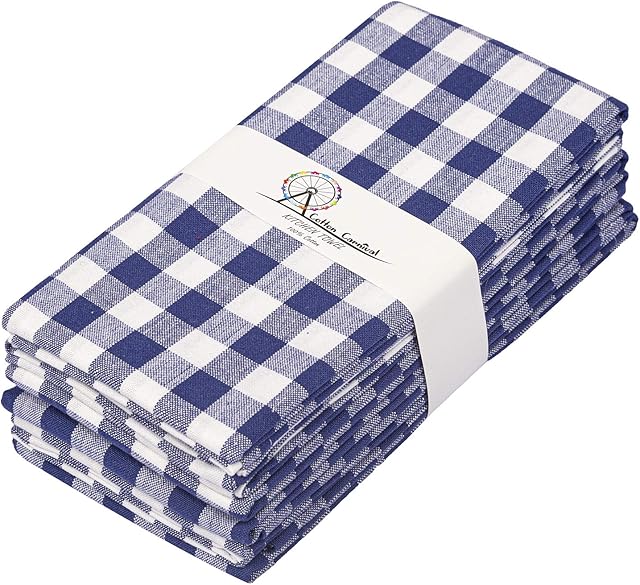 Cotton Carnival Tea Towels, 100% Ring Spun Cotton plaid Kitchen Towels, Premium quality, Mitered corners, Super Soft Absorbent, Hotel Quality Pack of 6 Blue & White Gingham checks Dish Towels