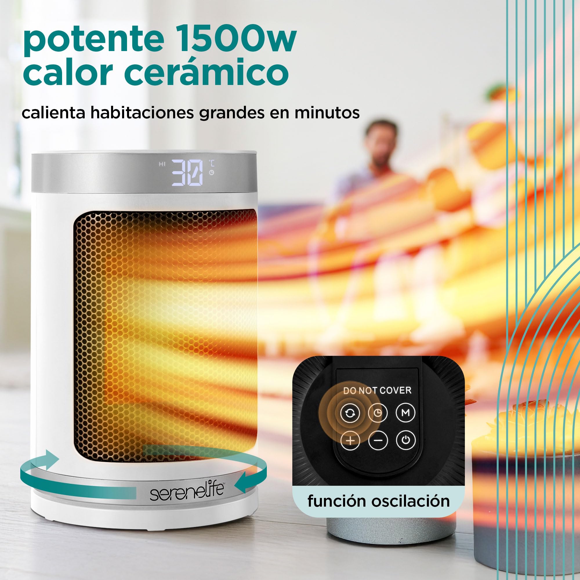 SereneLife Calefactor Eléctrico Cerámico PTC 1500W, Eficiencia Energetica, WiFi  Via Aplicacion Movil, Termostato Digital, Control Remoto, Temporizador de 12 Horas