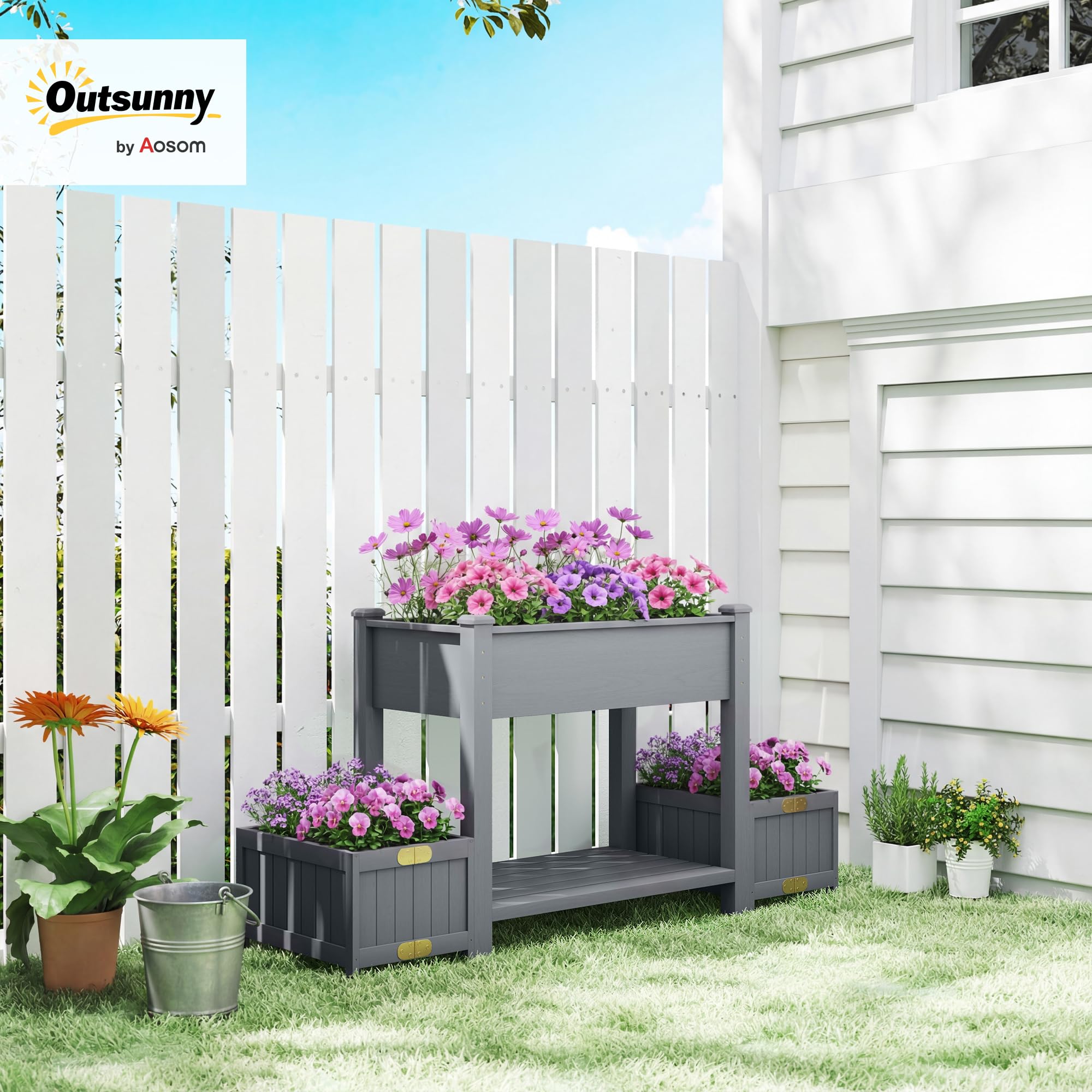 Outsunny Letto per Orto Rialzato in Abete con Ripiano e 2 Vasi Laterali Pieghevoli, Fioriera Rialzata da Esterno con Fori di Drenaggio per Verdure Fiori, 149x46x76cm, Grigio