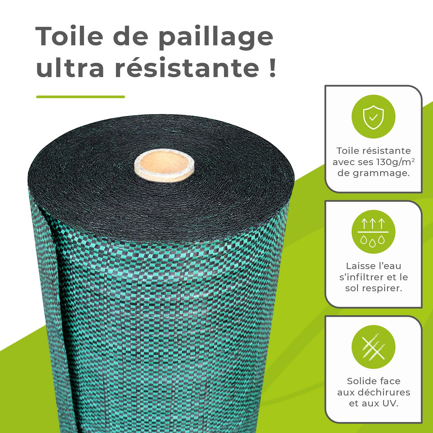 Toile de paillage tissée 130g/m² - Rouleau - Géotextile Anti-Mauvaises Herbes Haute résistance - Coloris Vert - Usage Jardin, allées, Cultures (3,30x100m)