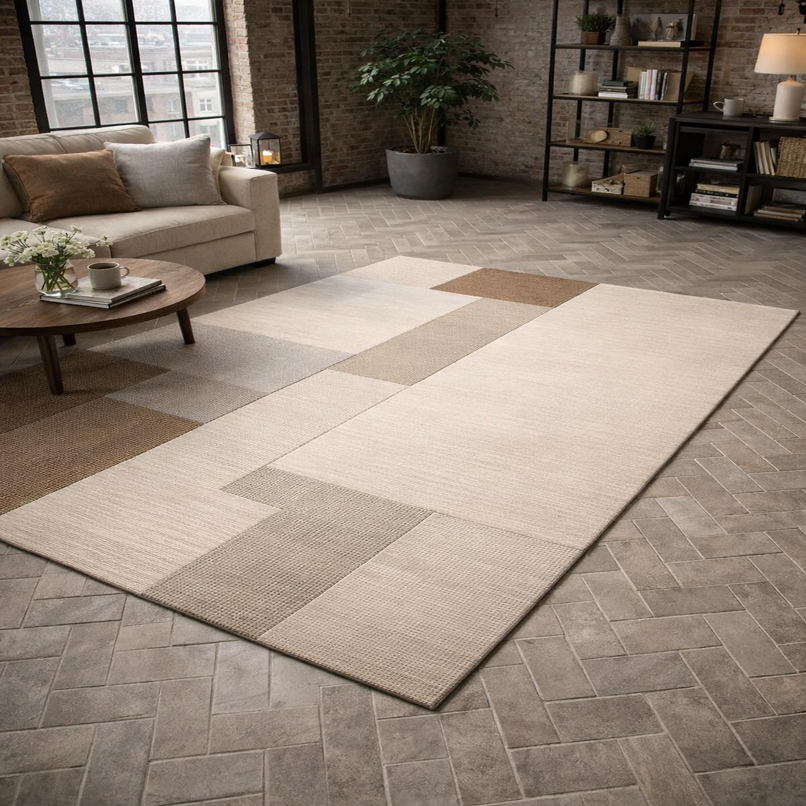 Tapis salon 200x300 cm beige marron gris au design géométrique moderne