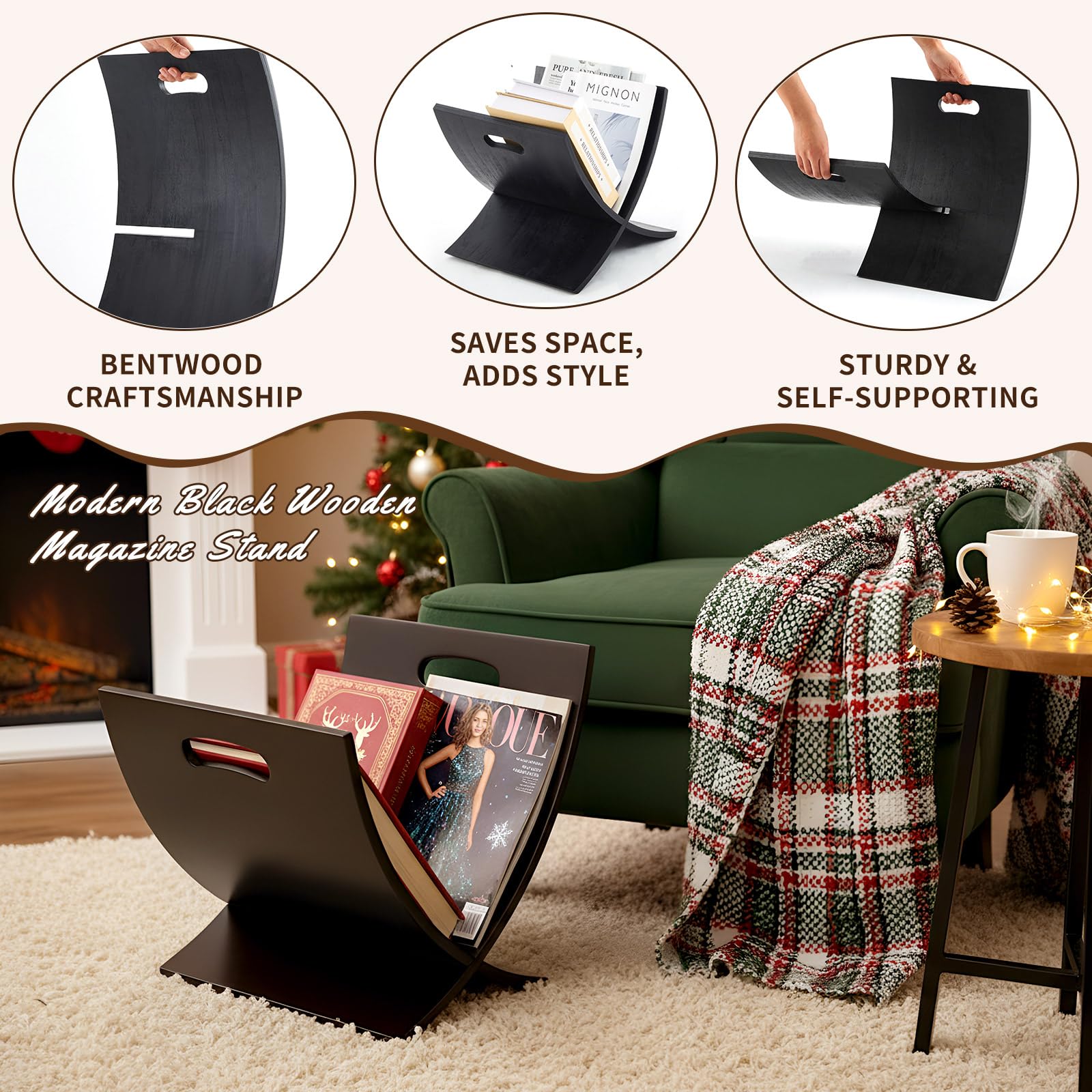 AceOrbit Portariviste verticale in legno nero, autoportante, da pavimento, porta riviste, porta giornali, per casa, bagno, ufficio, camera da letto, soggiorno