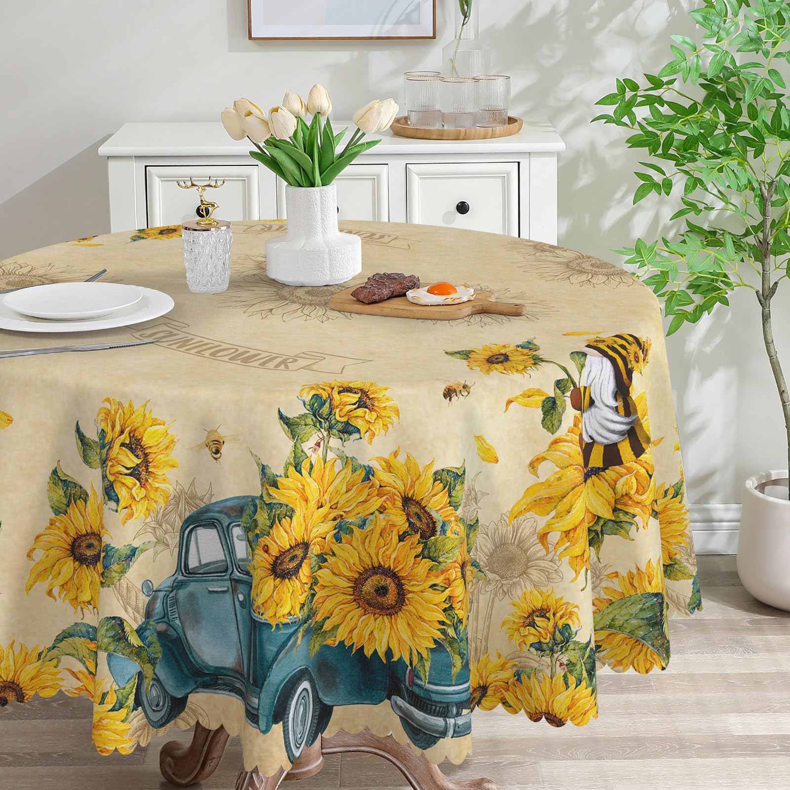 cusugbaso Sunflower Round Tablecloth 60 inch, Sunflower Decorations for Home, Summer and Spring Waterproof Stain Resistant Table Cloth Rectangle for