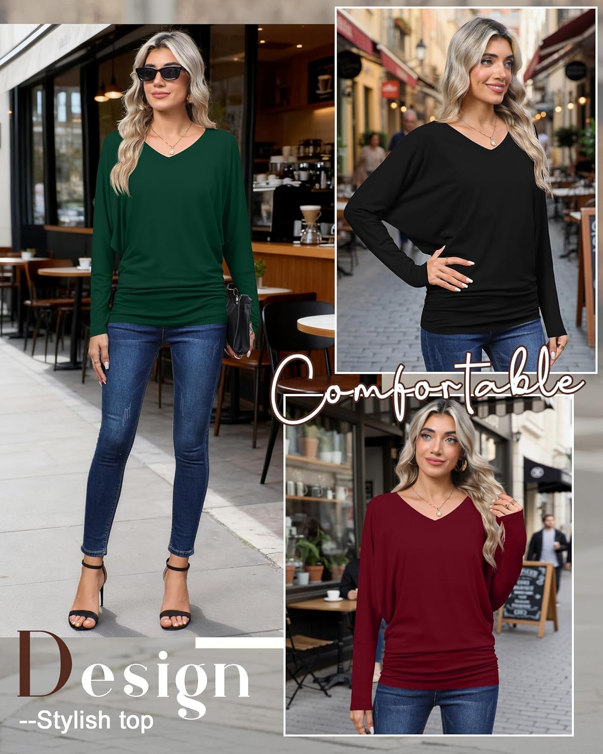 3 Pack Women's Dolman Long Sleeve Tops Casual Flowy Draped Side Ruched Shirts V Neck Lightweight Bat Wing Basic Tee - Image 4