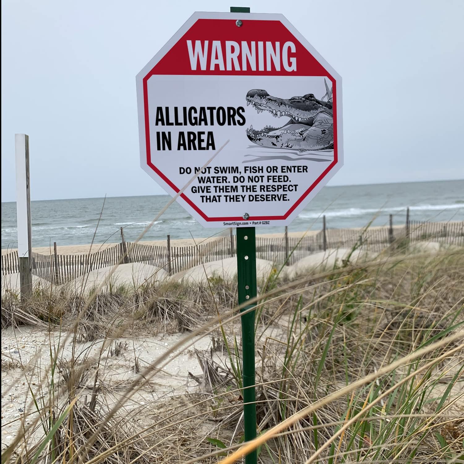 SmartSign 10 x 10 inch “Warning - Alligators In Area, Do Not Swim, Do Not Feed” Octagon Yard Sign with 3 foot Stake, 40 mil Laminated Rustproof Aluminum, Red, Black and White, Set of 1