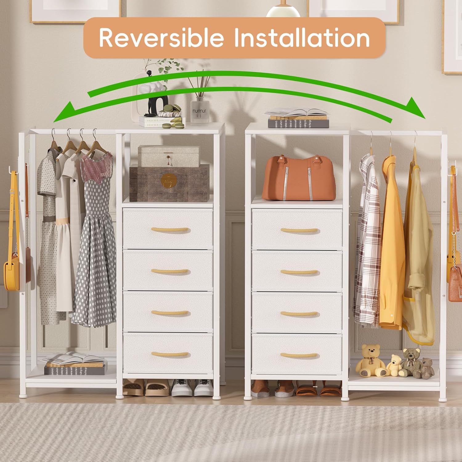 VERONLY Dresser for Bedroom with Clothes Hanging Rack, Reversible Bedroom Dresser with 4 Fabric Drawers, 2-in-1 Storage Chest of Drawers with Storage Shelves & Hooks, Sturdy Frame, 44''H (White)