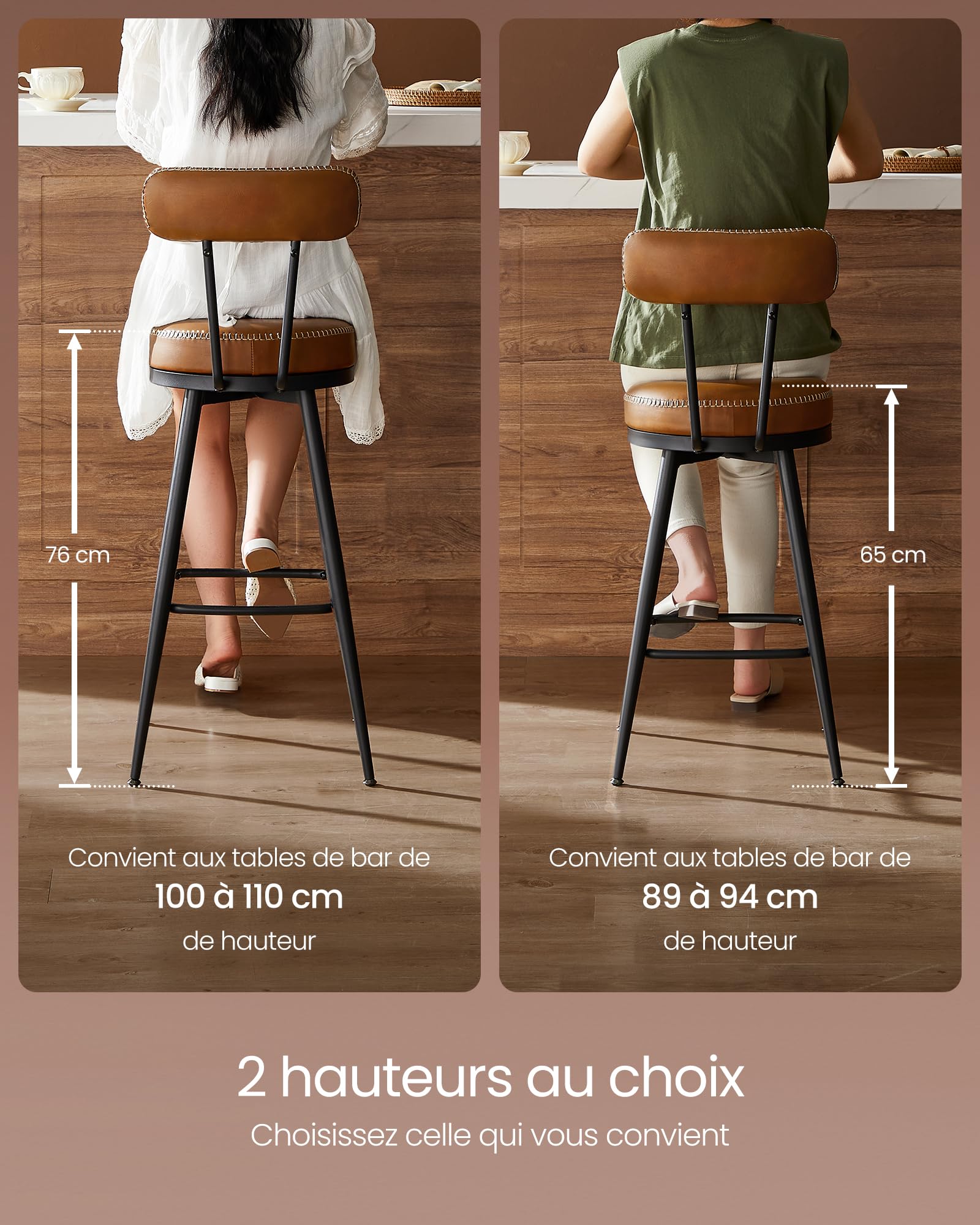 VASAGLE Collection EKHO - Lot de 2 Tabourets de Bar, Chaises de Bar, Chaises de Cuisine, en Similicuir, Hauteur d’Assise 76 cm, Cuisine, Salle à Manger, Pivotants à 360°, Brun Caramel, LBC889K01V2