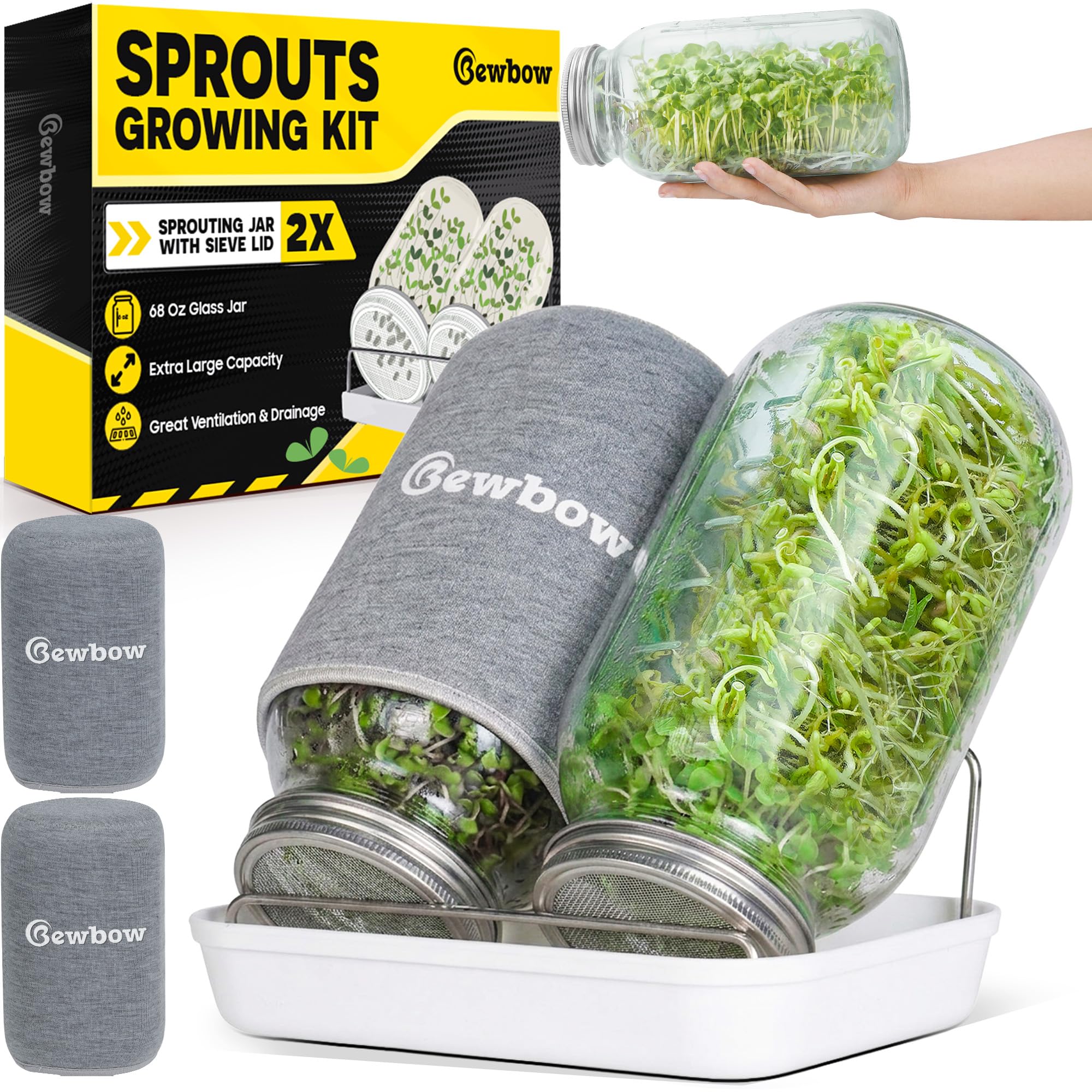 Photo 1 of [LARGE SIZE] 2000ml(68oz) Seed Sprouting Mason Jar Kit with Stand,Drain Tray, Screen Lids,Blackout Sleeves,Good Ventilation & Drainage Capacity,Growing Fresh Organic Mung Beans,Broccoli & Microgreens