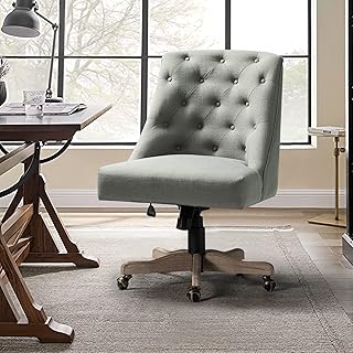 Modern Tufted Armless Home Office Chair, Comfy Upholstered Desk Chair with Vintage Wood Base, Height Adjustable Swivel Computer Task Chair for Living Room Bedroom, Grey