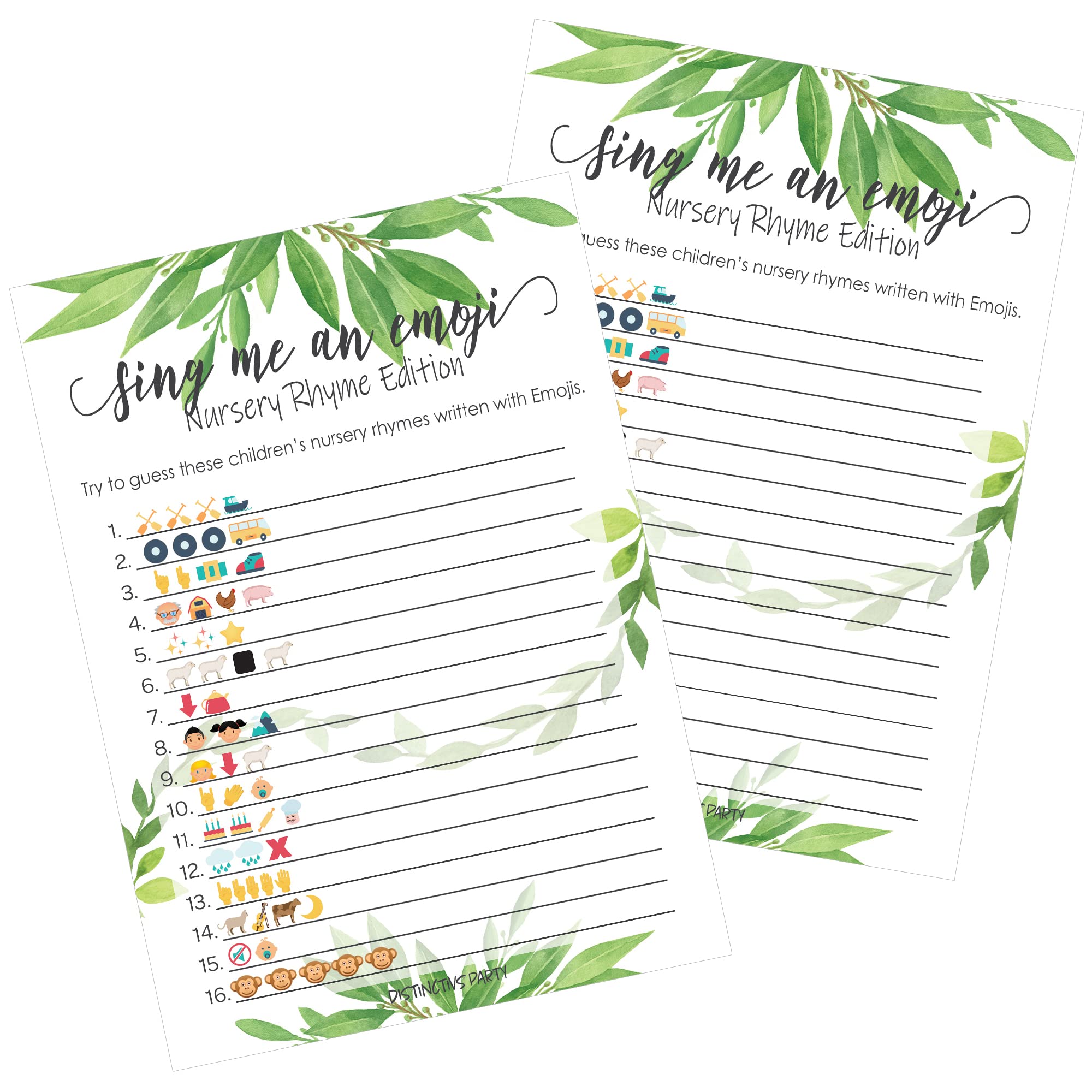 DISTINCTIVS Greenery Baby Shower Emoji Game - 20 Cards for Guest, Eucalyptus Nursery Rhyme Activity with Answer Key