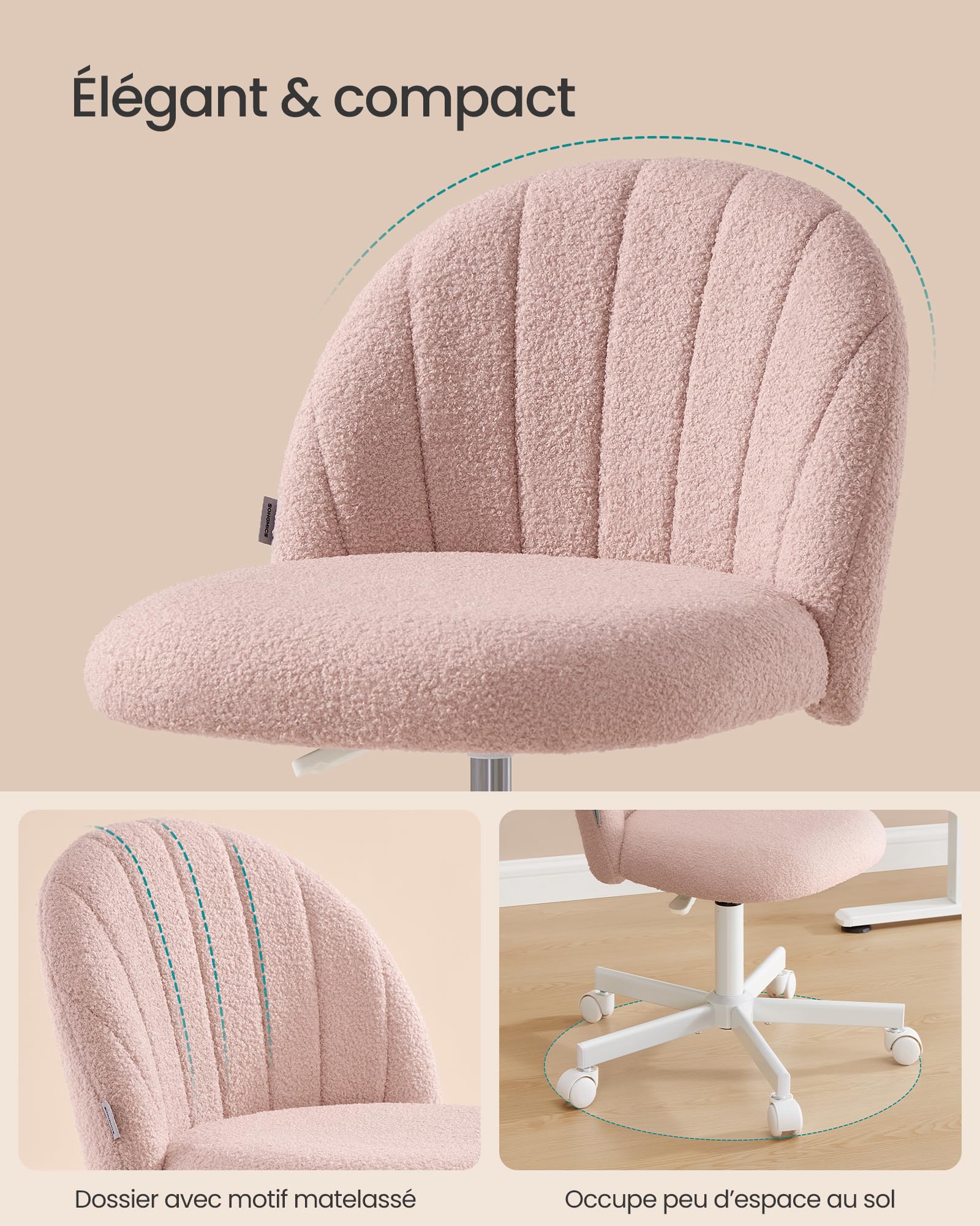 SONGMICS Chaise de Bureau, Chaise Coiffeuse en Tissu Peluche, Fauteuil avec Rembourrage en Mousse, Hauteur Réglable, pour Bureau, Chambre, Dressing, Rose Bonbon OBG027SA01