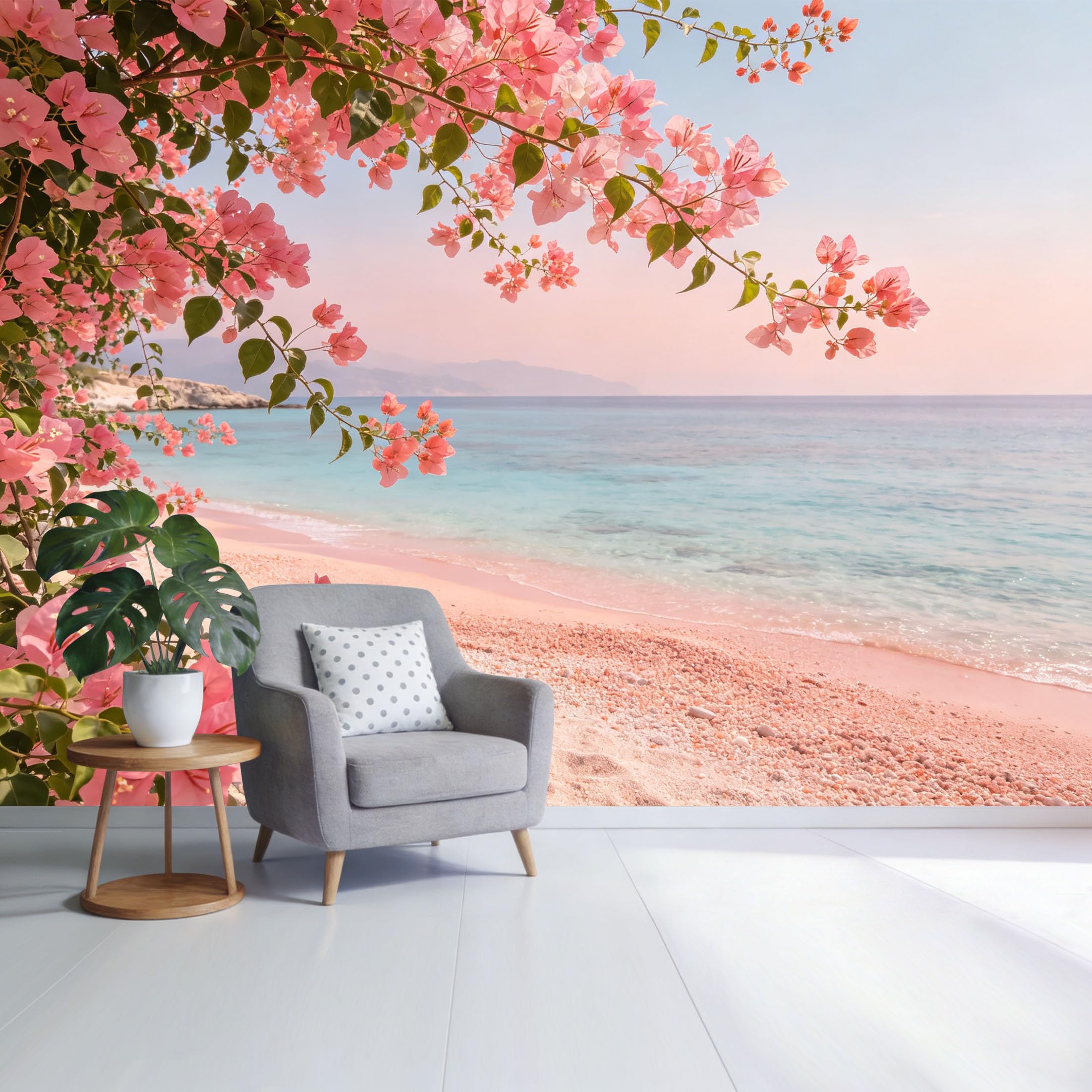 Custom Size Wall Mural Coastal Pink Bougainvillea Beach Ocean View Landscape SelfAdhesive Wall Fabric Removable Wallpaper for Home Office Decor