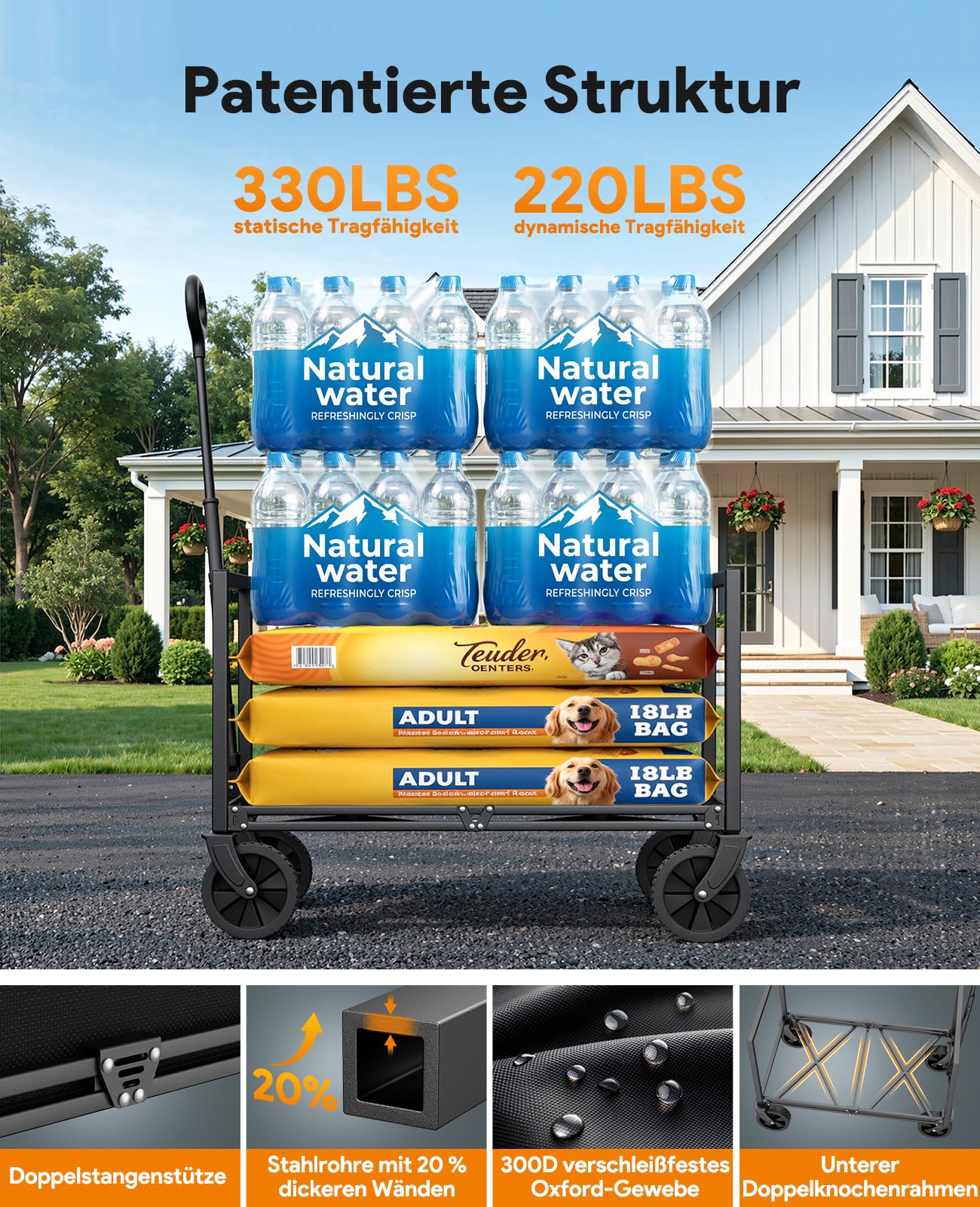 Bollerwagen Faltbar, 330LBS Klappbar Handwagen, Robust Einkaufstrolley Gartenwagen Klappbar mit Rädern, Tragbarer Transportwagen Faltwagen für Camping Sport Garten Einkaufen, Hellschwarz