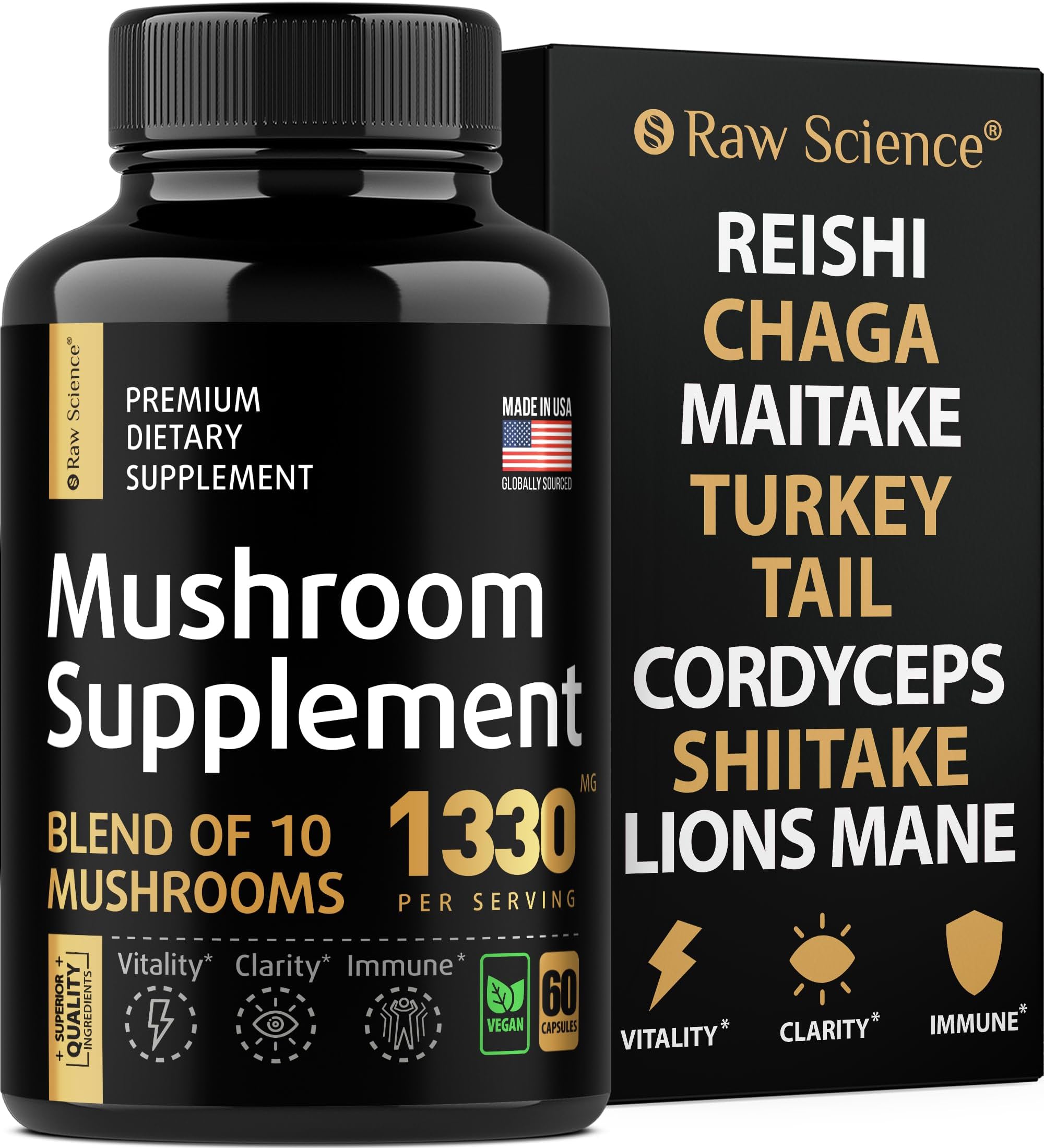 Mushroom Supplement - Shiitake Mushrooms & Lions Mane Supplement Capsules - Nootropic Mushroom Complex with Reishi, Turkey Tail, Chaga Extract & Cordyceps Powder - Brain & Focus Support - 60 Capsules
