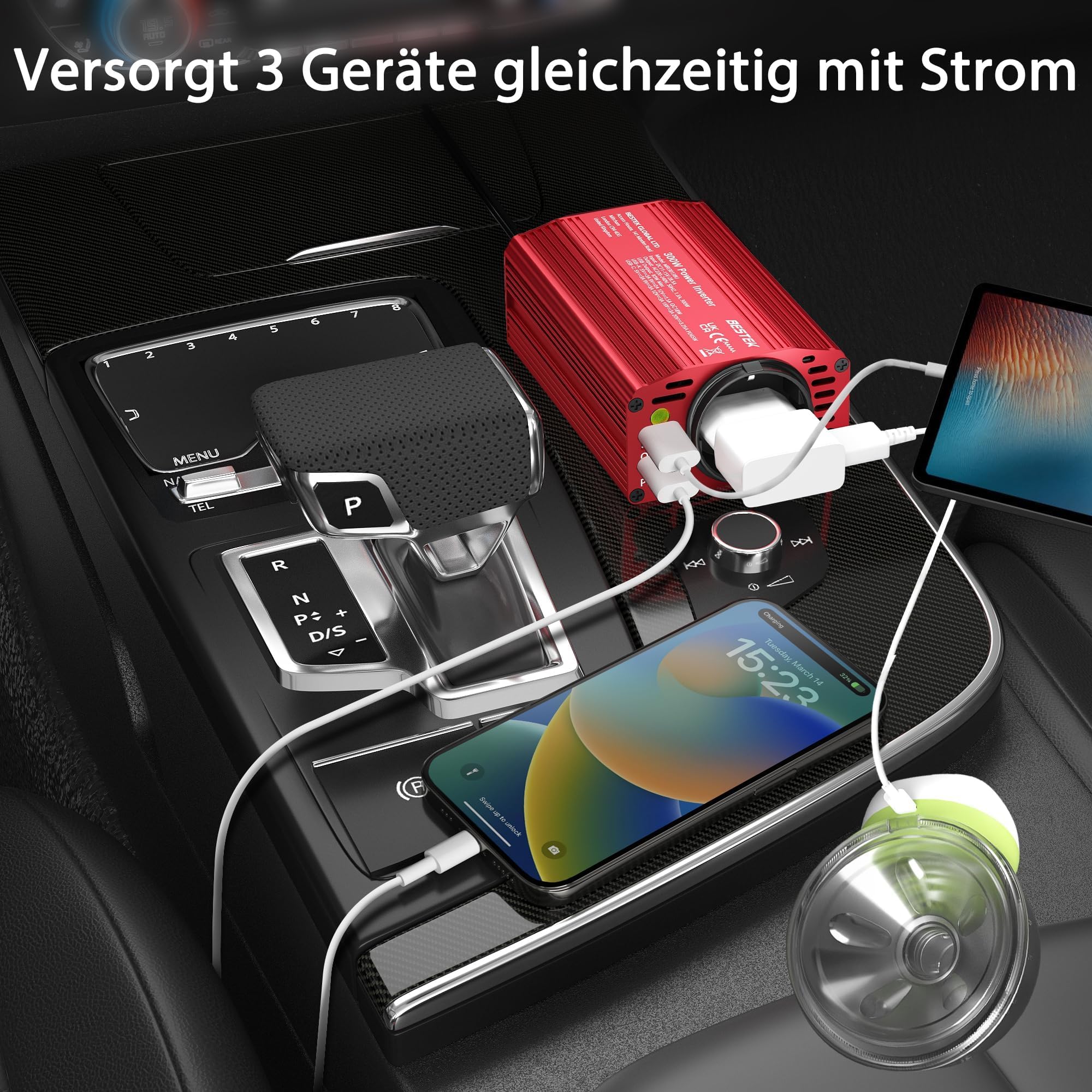 BESTEK 300W Wechselrichter/Spannungswandler 12v 230v /Stromwandler Inverter 12v auf 230v /mit Zertifiziert und Dual USB 4,8 A（PD65W&QC18W） inkl. Kfz Zigarettenanzünder Stecker Rot