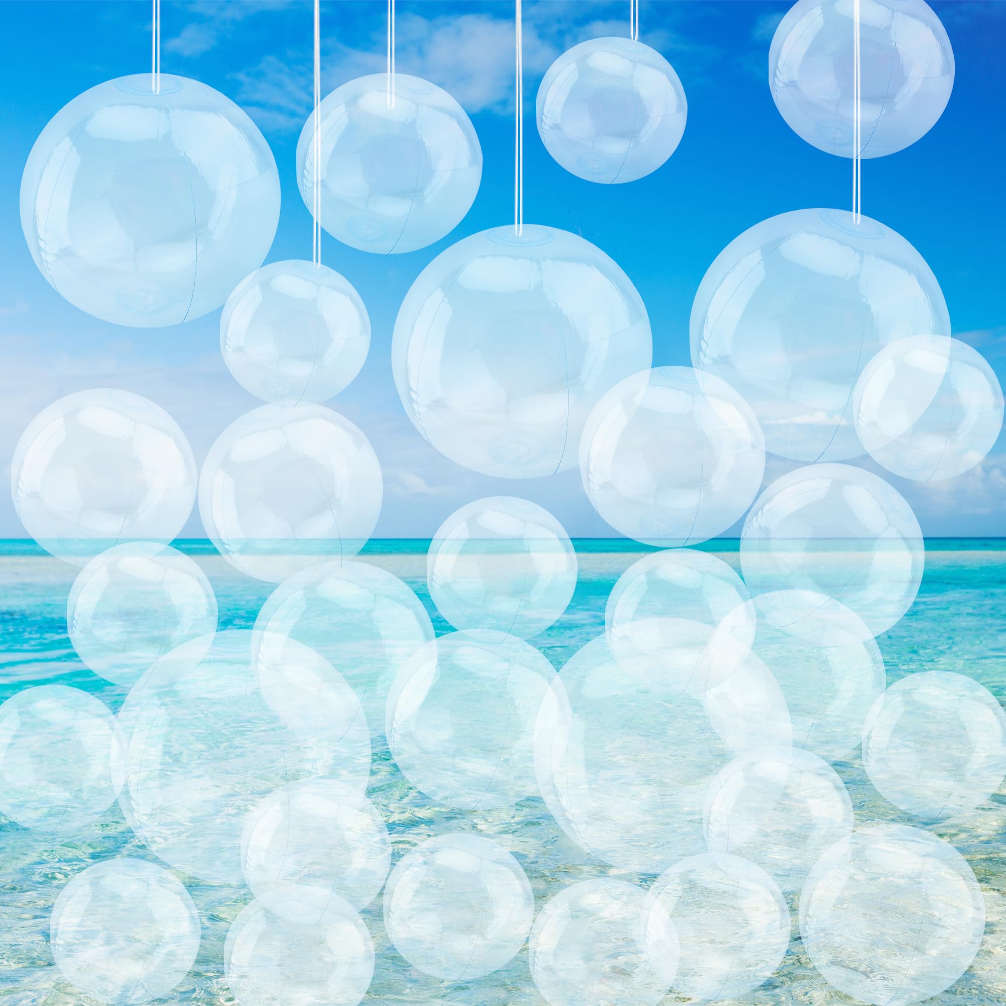 Paquete de 30 pelotas de playa inflables transparentes de 8 pulgadas, 12 pulgadas, 16 pulgadas, bolas de piscina transparentes a granel con cuerda para colgar para suministros de fiesta en la