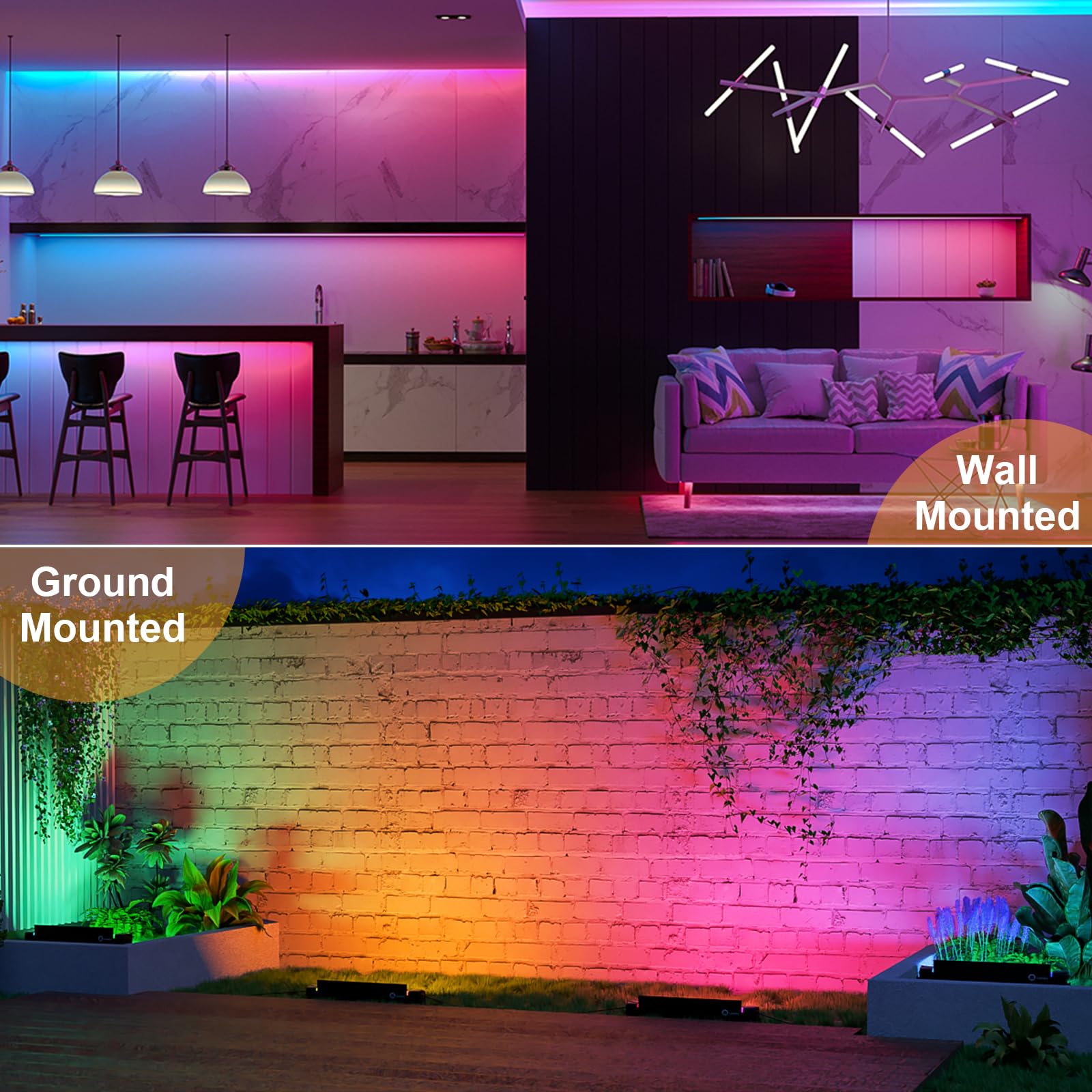 Faretto LED RGB Esterno 50W, 2 Pezzi Barra LED RGB con 360° Telecomando e Controllo APP Bluetooth, Impermeabile IP66 Faretti RGB da Esterno Luce d'Atmosfera RGB per Festa Natale Giardino
