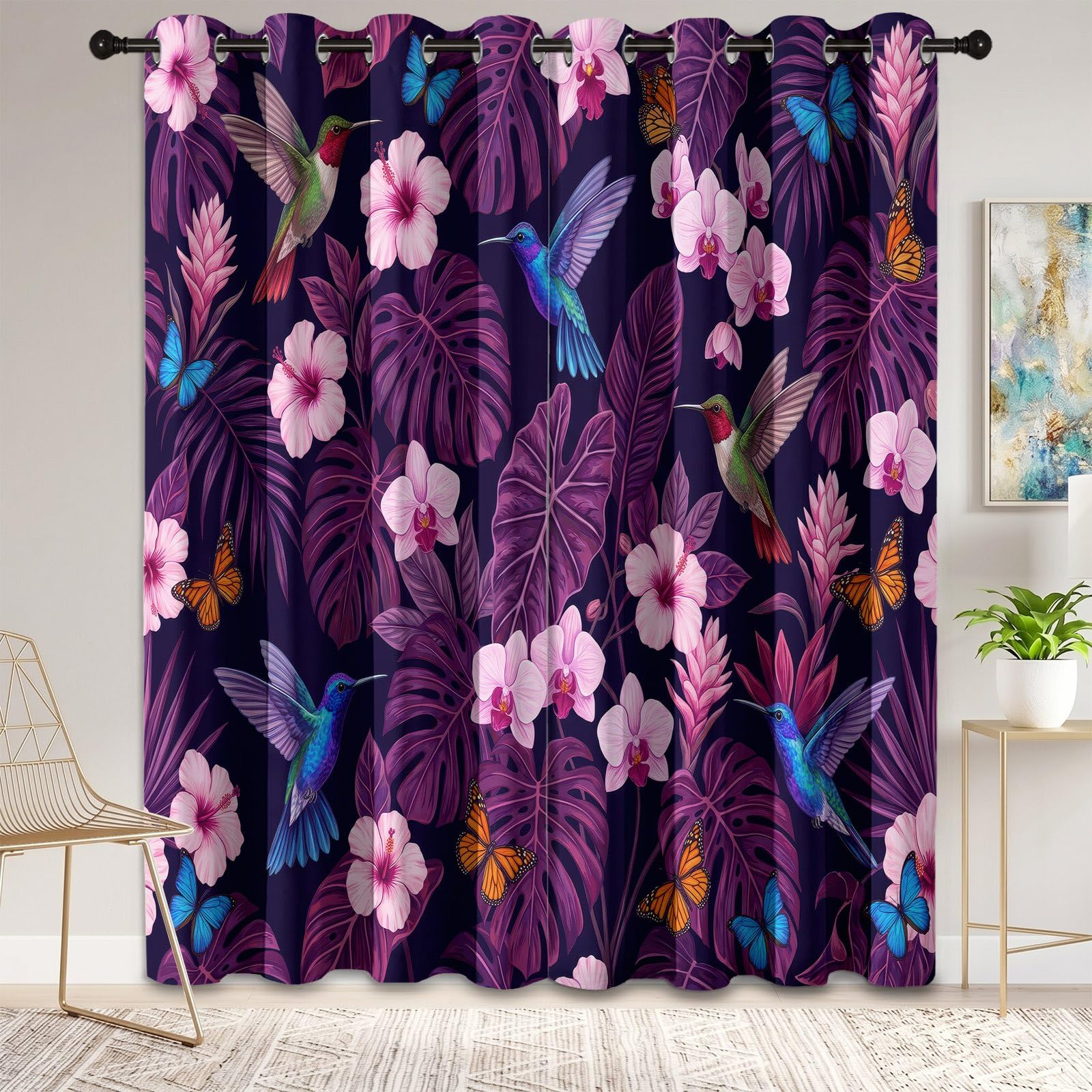 Blickdichte Vorhänge mit Ösen H 175 x B 140 cm (2er Pack) Tropisch Blumig Bedruckte Thermovorhänge Vorhänge - für Wohnzimmer Schlafzimmer, Voegel Schmetterlinge Orchideen Blaetter Verdunkelungsvorhang