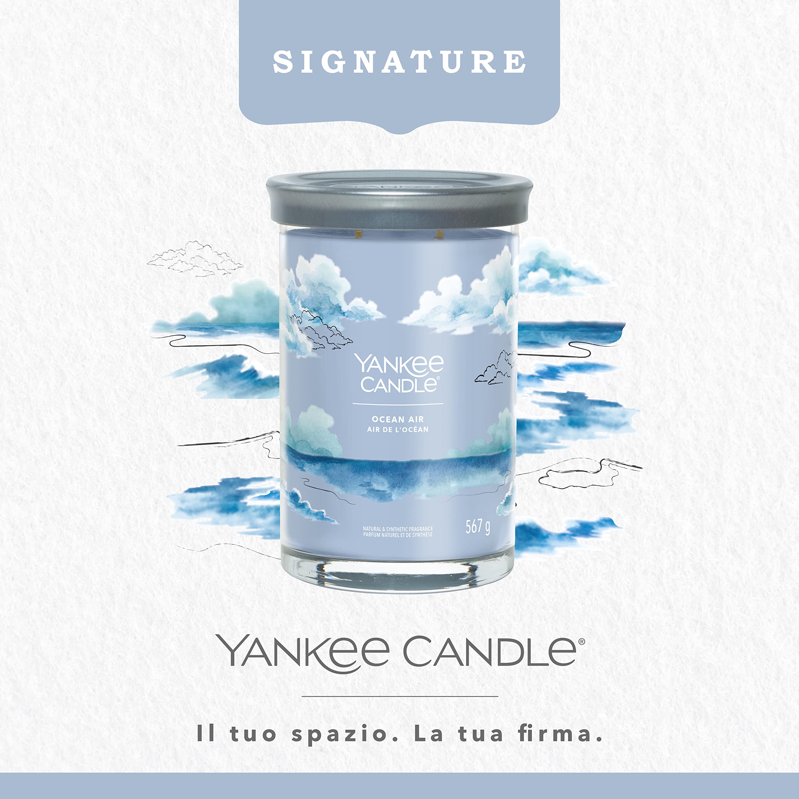 Yankee Candle Signature Candela Profumata, Aria di Oceano in Tumbler Grande, Candele di Miscela di Cera di Soia Lunga Durata, Regalo per le Donne