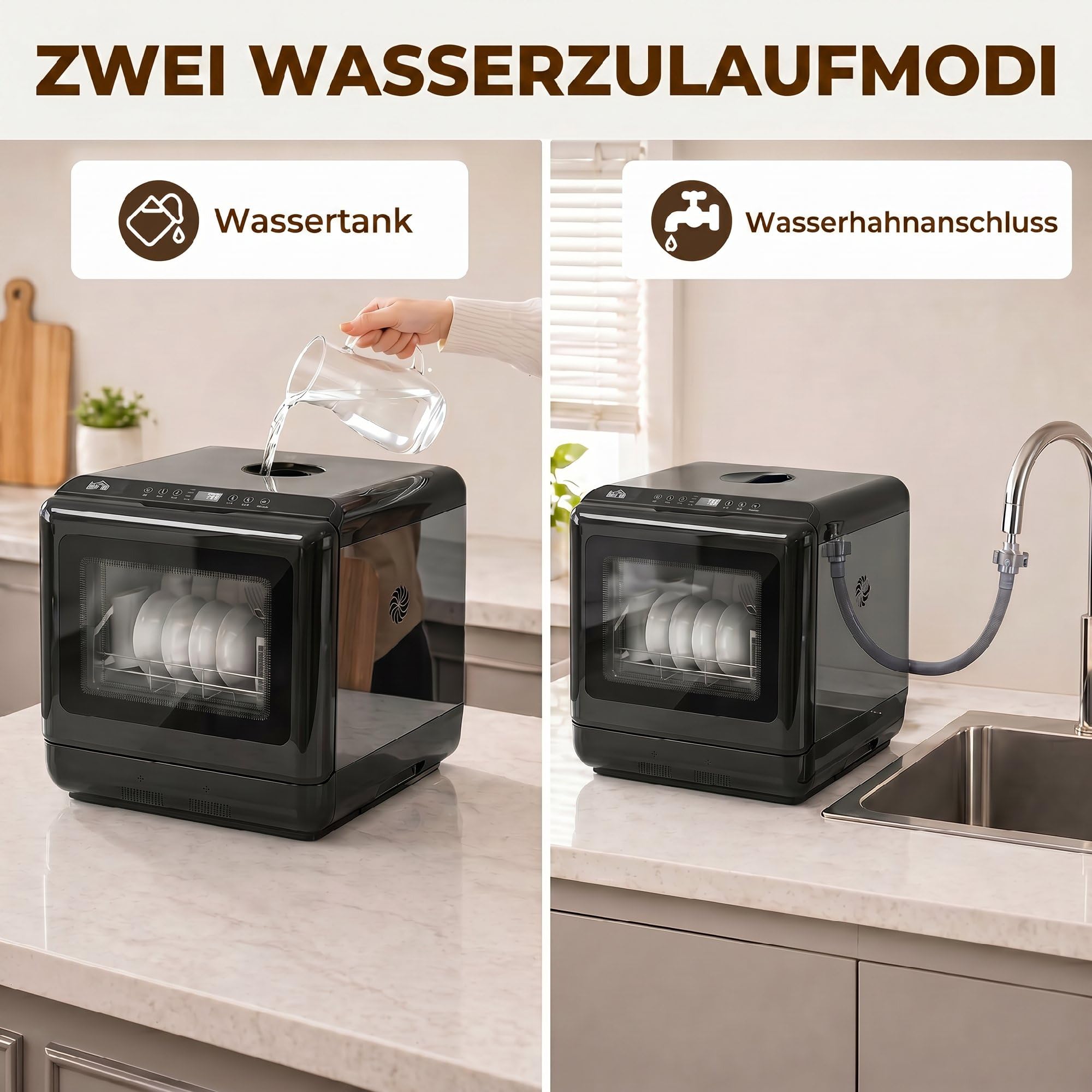 HOMCOM Lavavajillas de mesa mini lavavajillas con depósito de agua integrado de 6 litros, 5 programas, control táctil, pantalla LED, 4 cubiertos, doble suministro de agua y función de secado al aire