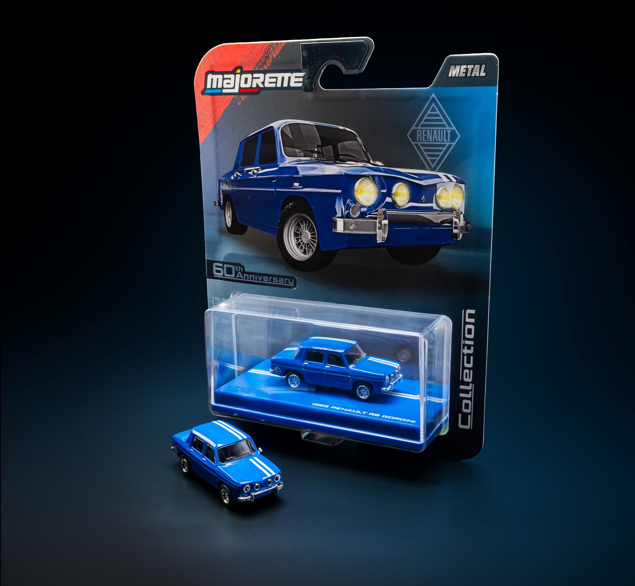 Majorette Auto Collection 1966 Renault R8 Gordini – samochód kolekcjonerski z metalową obudową, gumowymi oponami i case, szczegółowy model samochodu w skali 1:64, niebieski, dla kolekcjonerów i dzieci