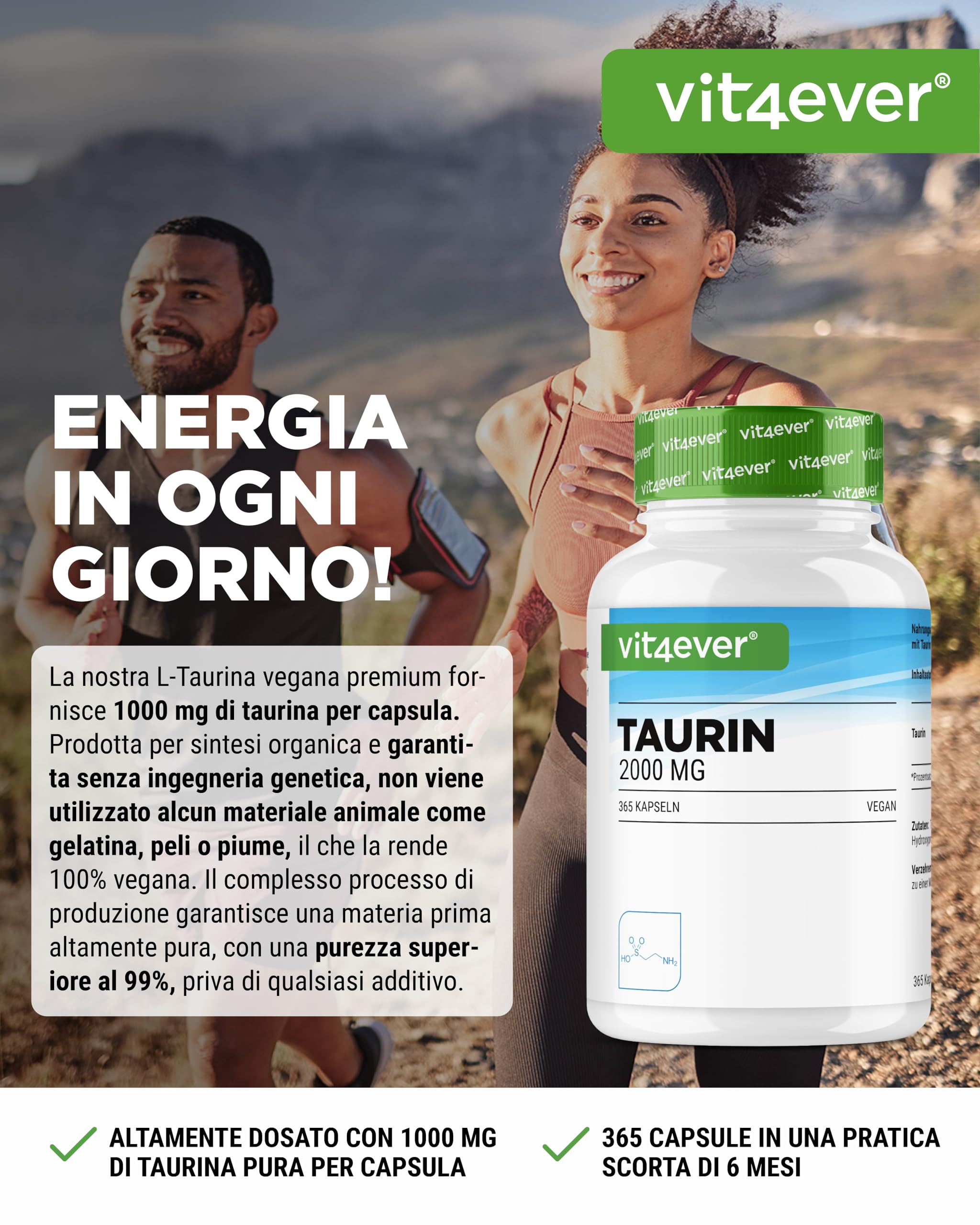vit4ever Taurina - 365 Capsule - Extra Alto Dosaggio con 2000 mg per Dose Giornaliera (2 Capsule) - Oltre il 99% di Purezza - Senza Additivi Inutili, Vegano