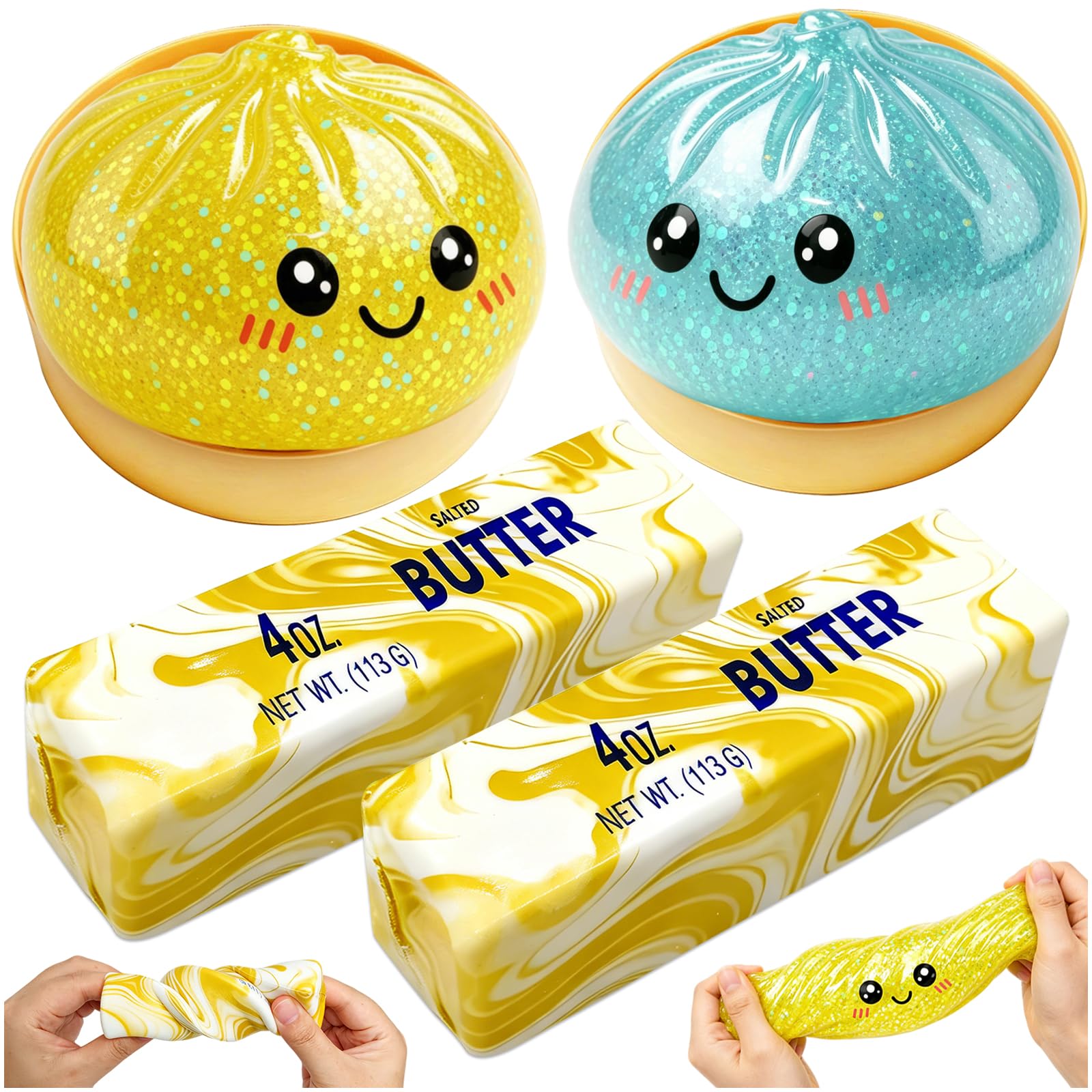 KutaKuta 4 PCS Glitter Squishy Bao Dumpling + Rainbow Butter Squishy, Decompression Sensory Toys with Steamer Box, High Density Malt Sugar Filled Squishys, Squishys Fidget Toy for Adult, Kids, Office