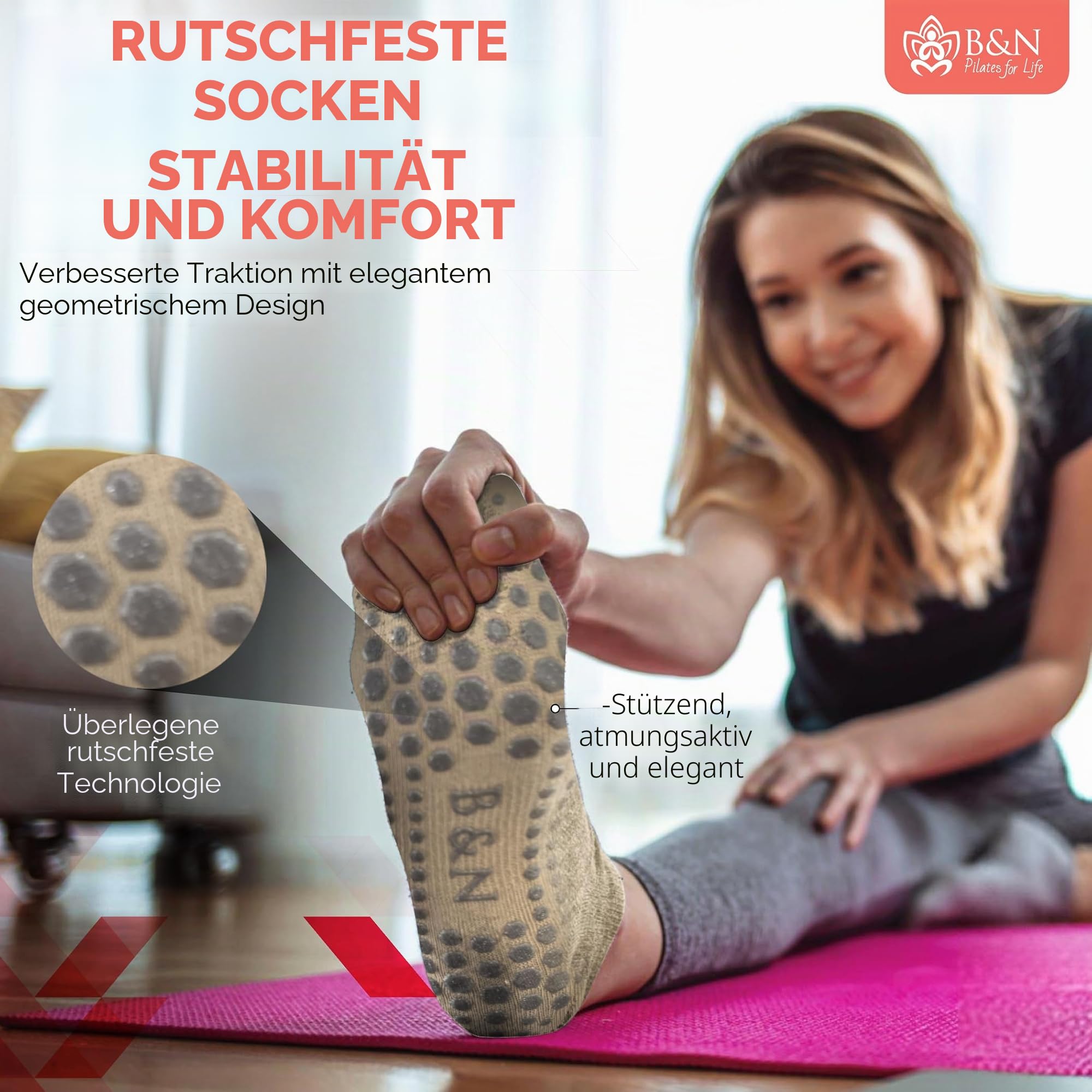 Komplettes Pilates-Set, Beige – Pilates-Ring, weicher Ball, 3 Widerstandsbänder, rutschfeste Socken, Anleitung – Fitnesszubehör für Damen