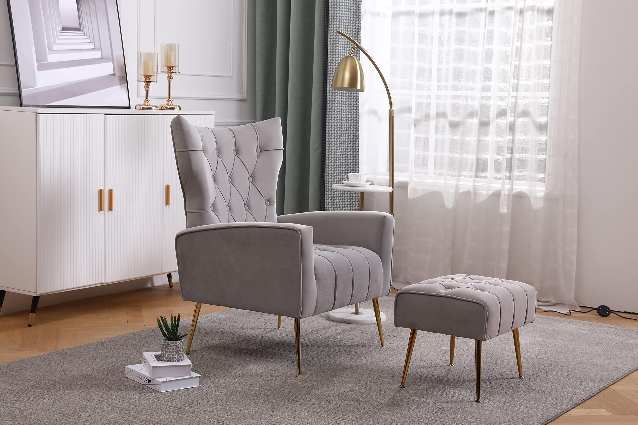 Devion FurnitureClement, Velvet Accent Chair with Ottoman, Grey Luxury Velvet