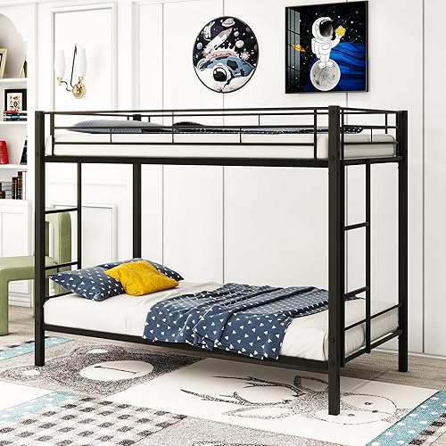 Miniatura 3 de Marco de cama de metal para cama individual sobre individual con listones, escalera y barandilla que ahorra espacio, marco de cama de tamaño