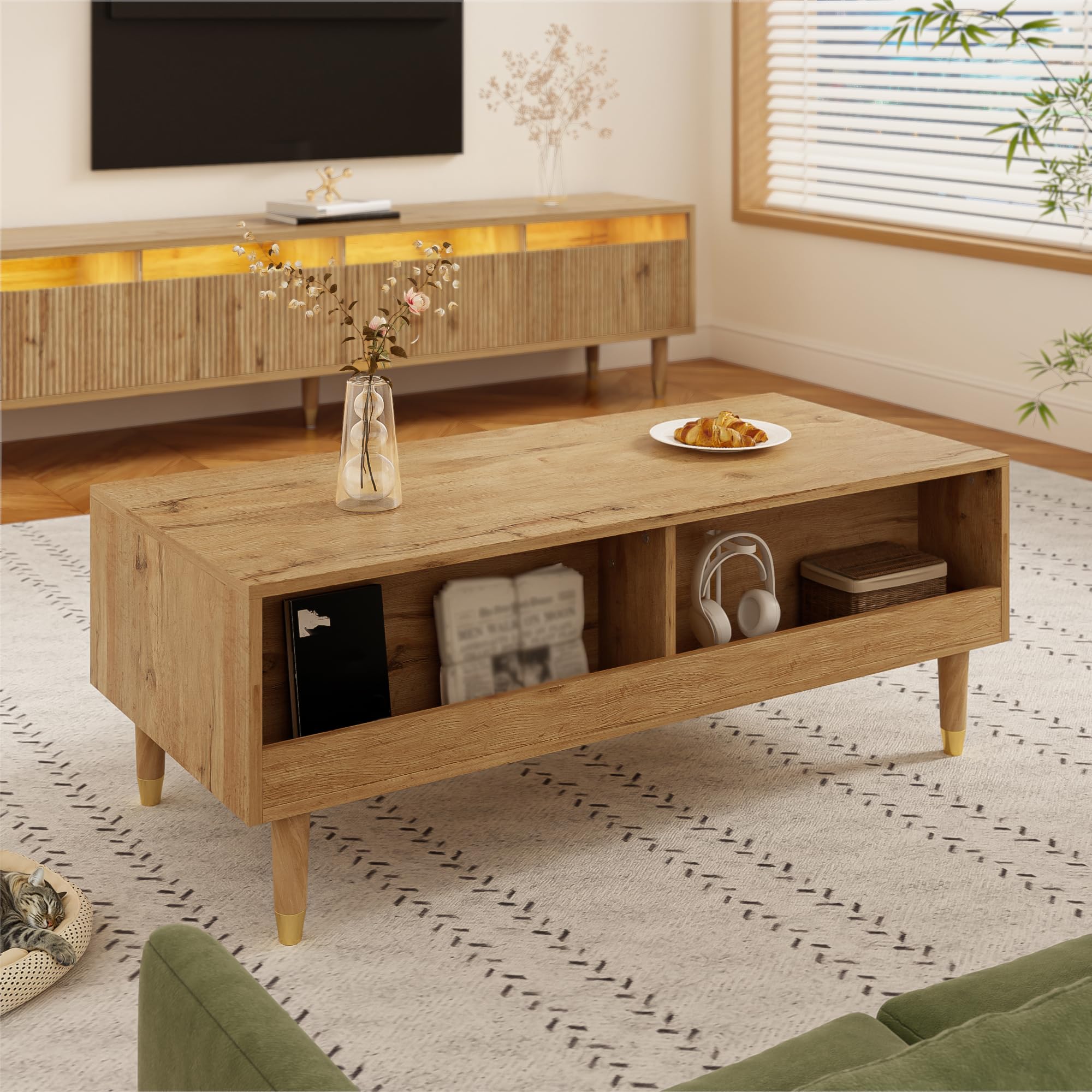 MURUL Mesa de centro moderna con cajón ondulado, patas de madera dorada, dos cajones