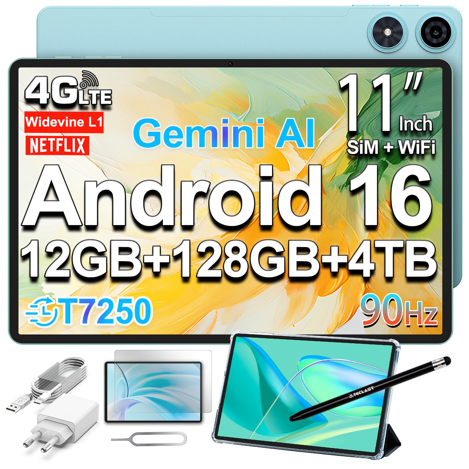 TECLAST P50 Tablet 11 Pollici 90Hz Tablets Android 16, 2GHz Octa-Core T7250, Dual SIM 4G LTE + 5G WiFi, Tablet con Penna+Custodia, 12GB RAM+128GB ROM(TF 5TB), Widevine L1, 7000mAh, GPS/3.5MM/OTG, 2026