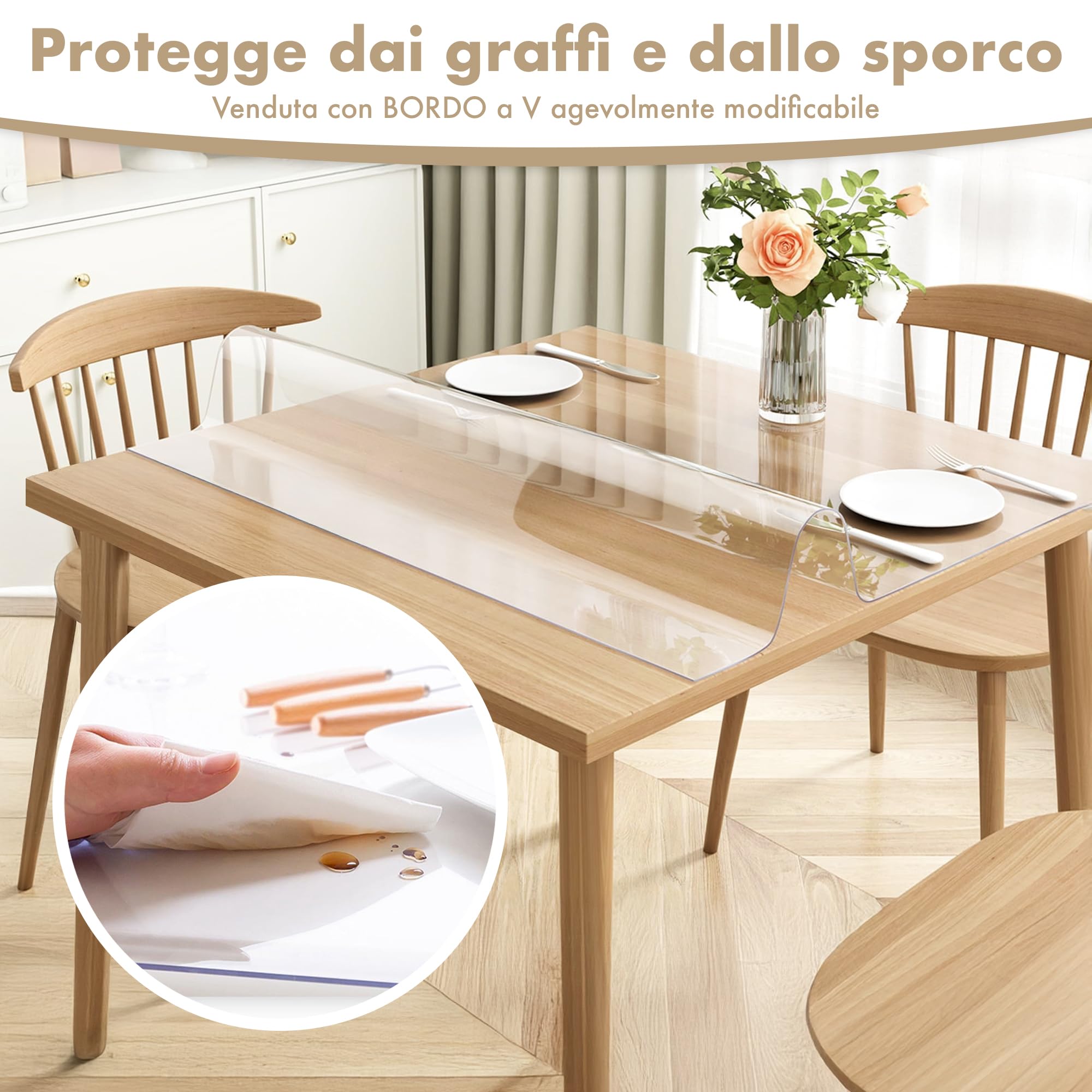 IlGruppone Copritavolo Trasparente in PVC 1.5 Mm Pellicola Protettiva Cover Tavolo Tovaglia Protezione Mollettone Antimacchia per Tavoli Cucina Salotto Ufficio Scrivania - Trasparenti - 100x220Cm