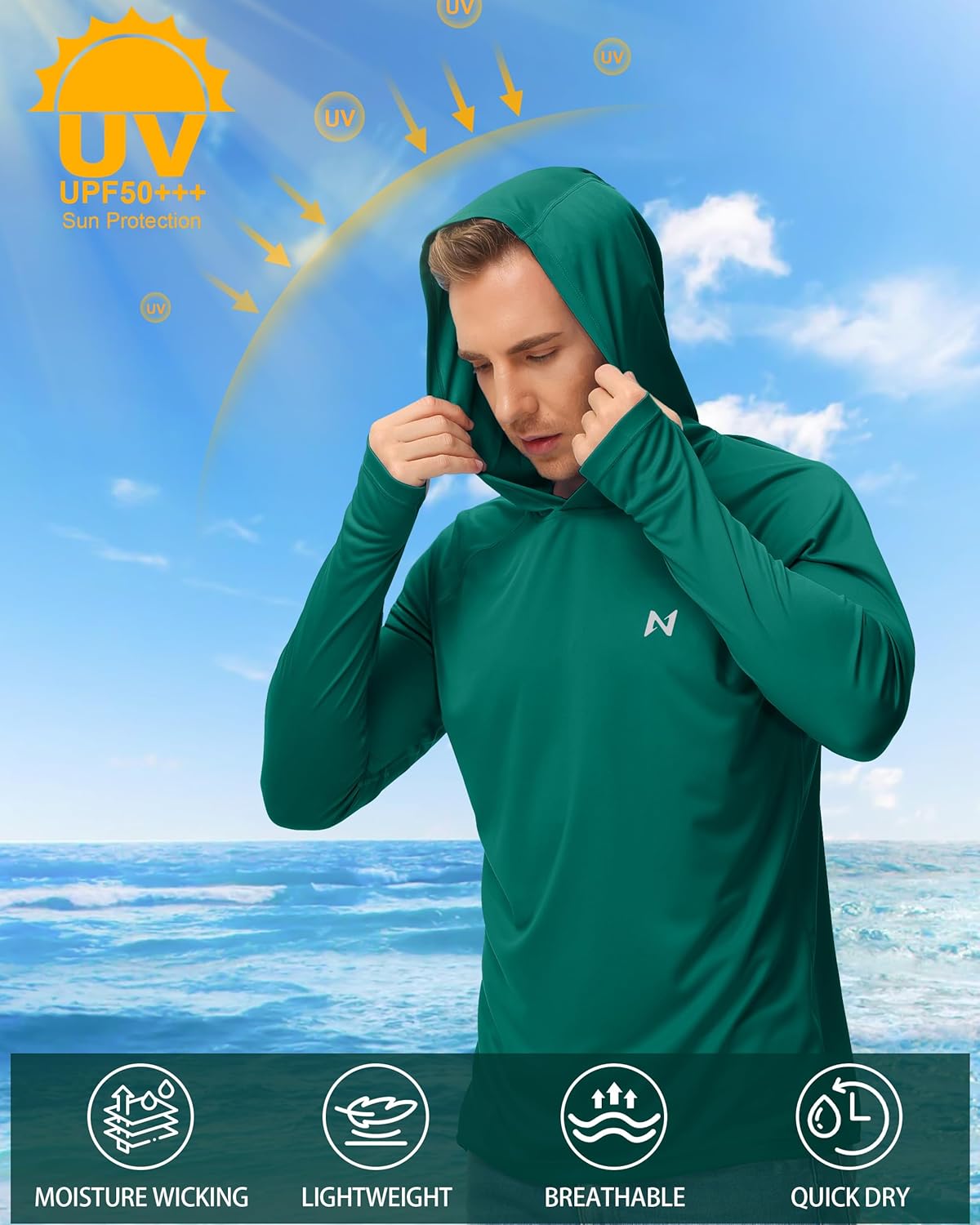 isnowood Sun Shirt UPF 50+ Men's Fishing Shirt Long Sleeve UV Protection Hoodie Rash Guard for Swimming Running Hiking Light - Image 3