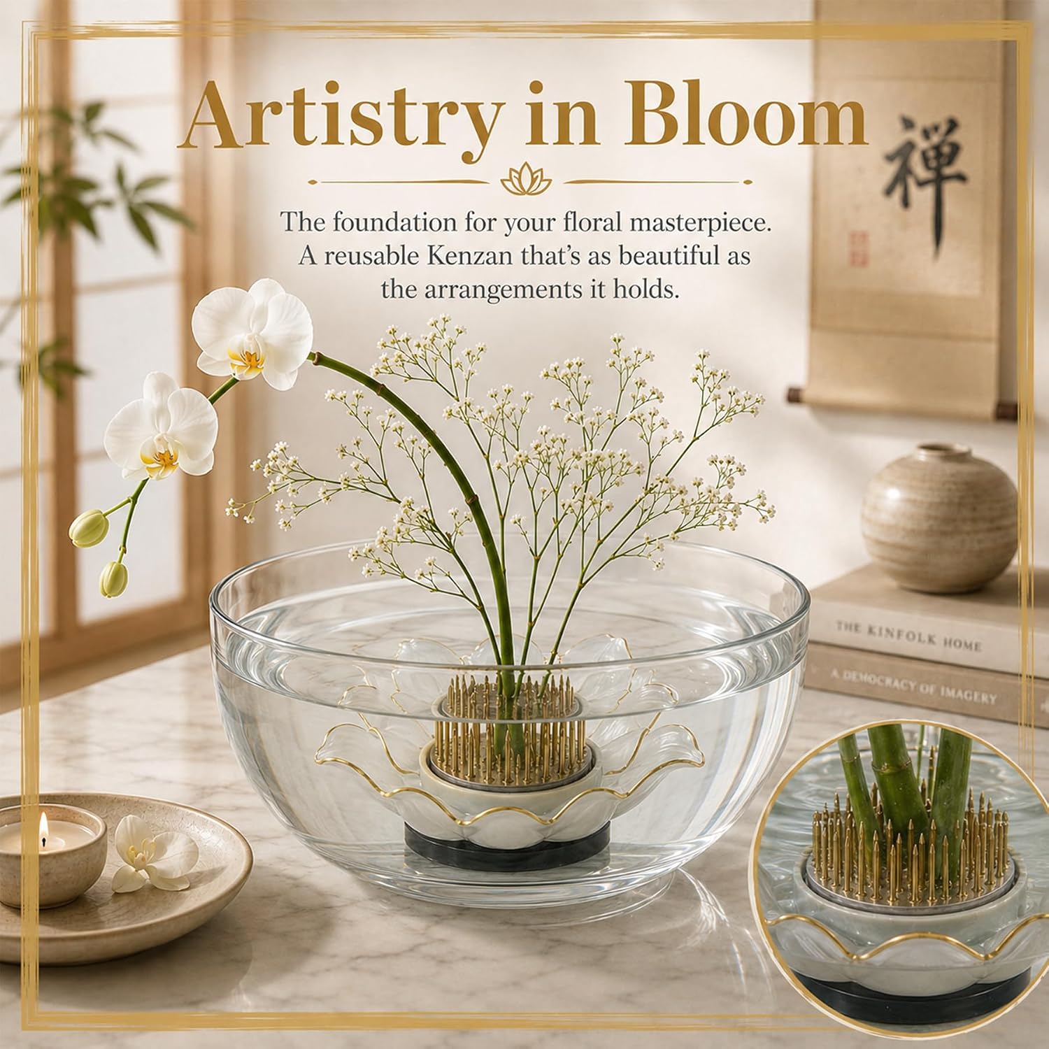 SSOBZELR Lotus Shape Brass Frog Floral Kenzan Flower Frog, Flower Frog Pin Holder Set Ikebana for Ikebana Floral Arrangement, Rustproof Flower Arranging Supplies for Vase（Fits vases 5in Wide or More）