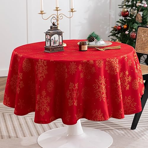 joybest Mantel redondo de Navidad con copos de nieve de 60 pulgadas, resistente a las manchas, a prueba de derrames, mantel de mesa de copos de