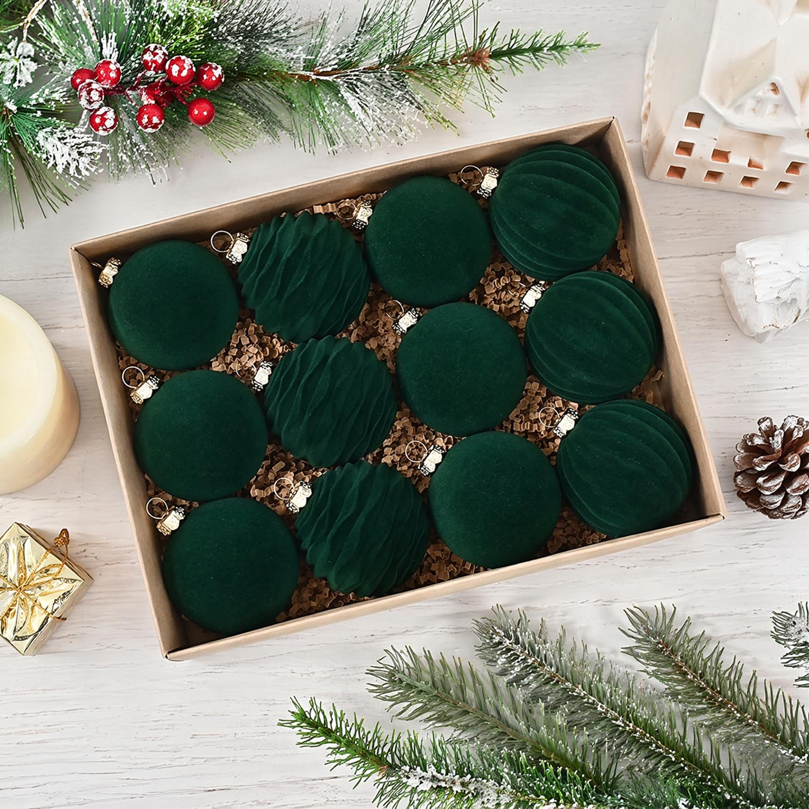 12Pcs 6cm Shatterproof Flocked Velvet Christmas Baubles (Green)