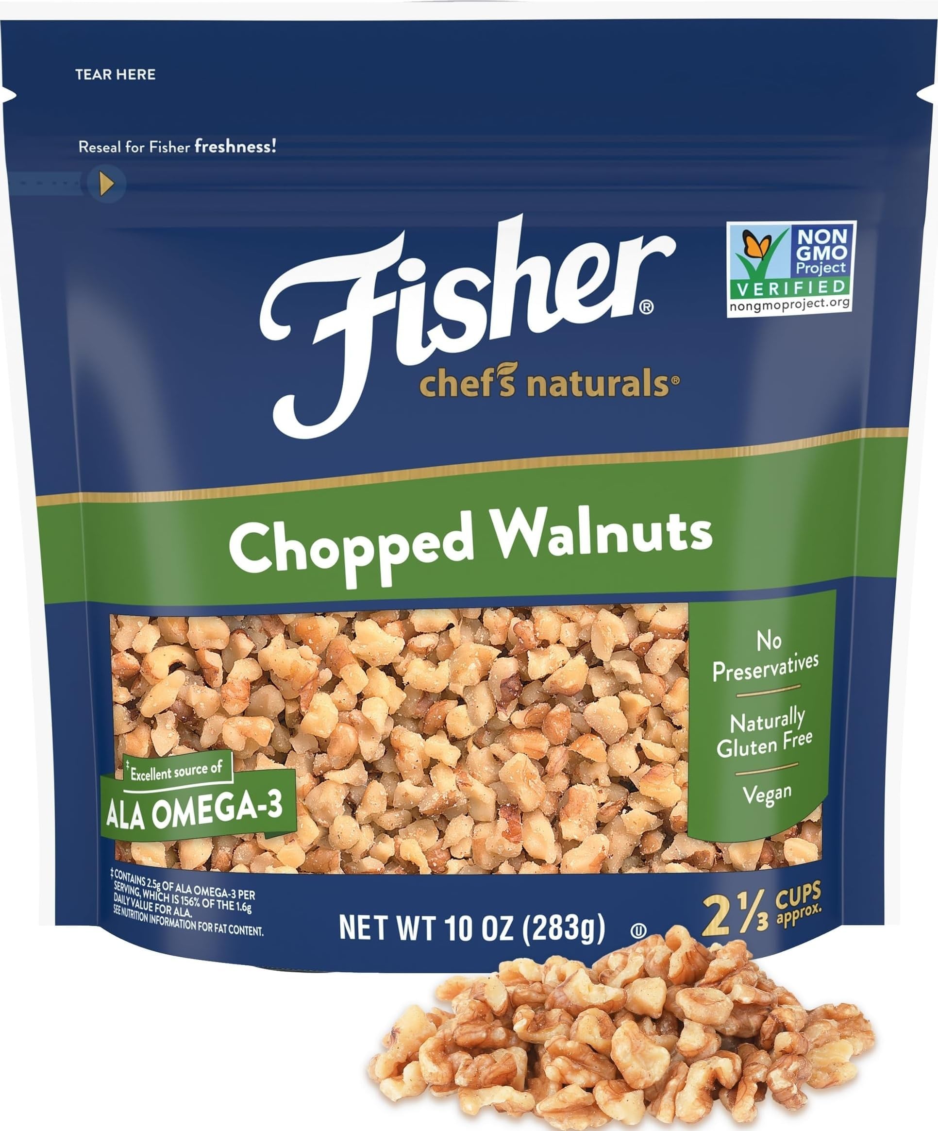 - Fisher Chopped Walnuts, Unsalted California Baking Nuts, 10 oz Bag | Raw Chopped Walnuts, Protein, Salad Topper, Oatmeal Mix In, Vegan Food, Keto Snack, Resealable